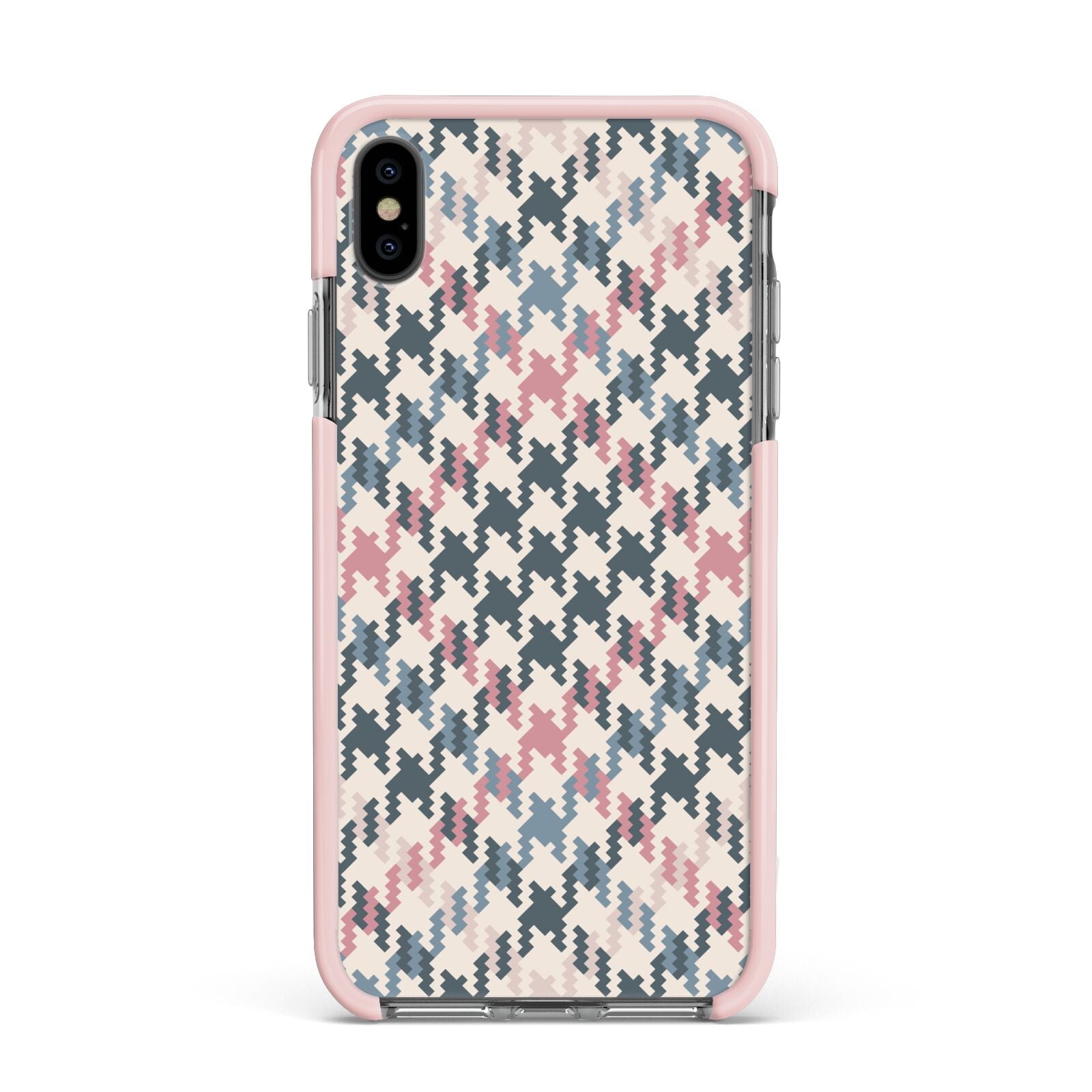 Houndstooth Fabric Effect Apple iPhone Xs Max Impact Case Pink Edge on Black Phone