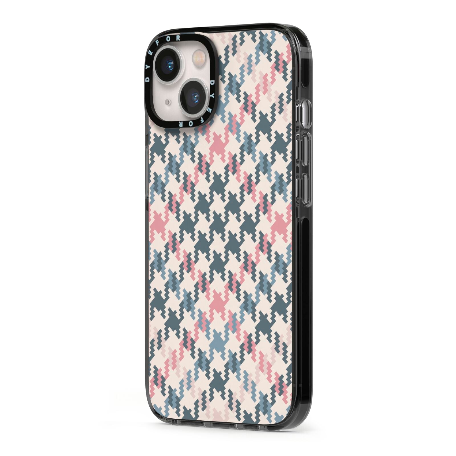 Houndstooth Fabric Effect iPhone 13 Black Impact Case Side Angle on Silver phone