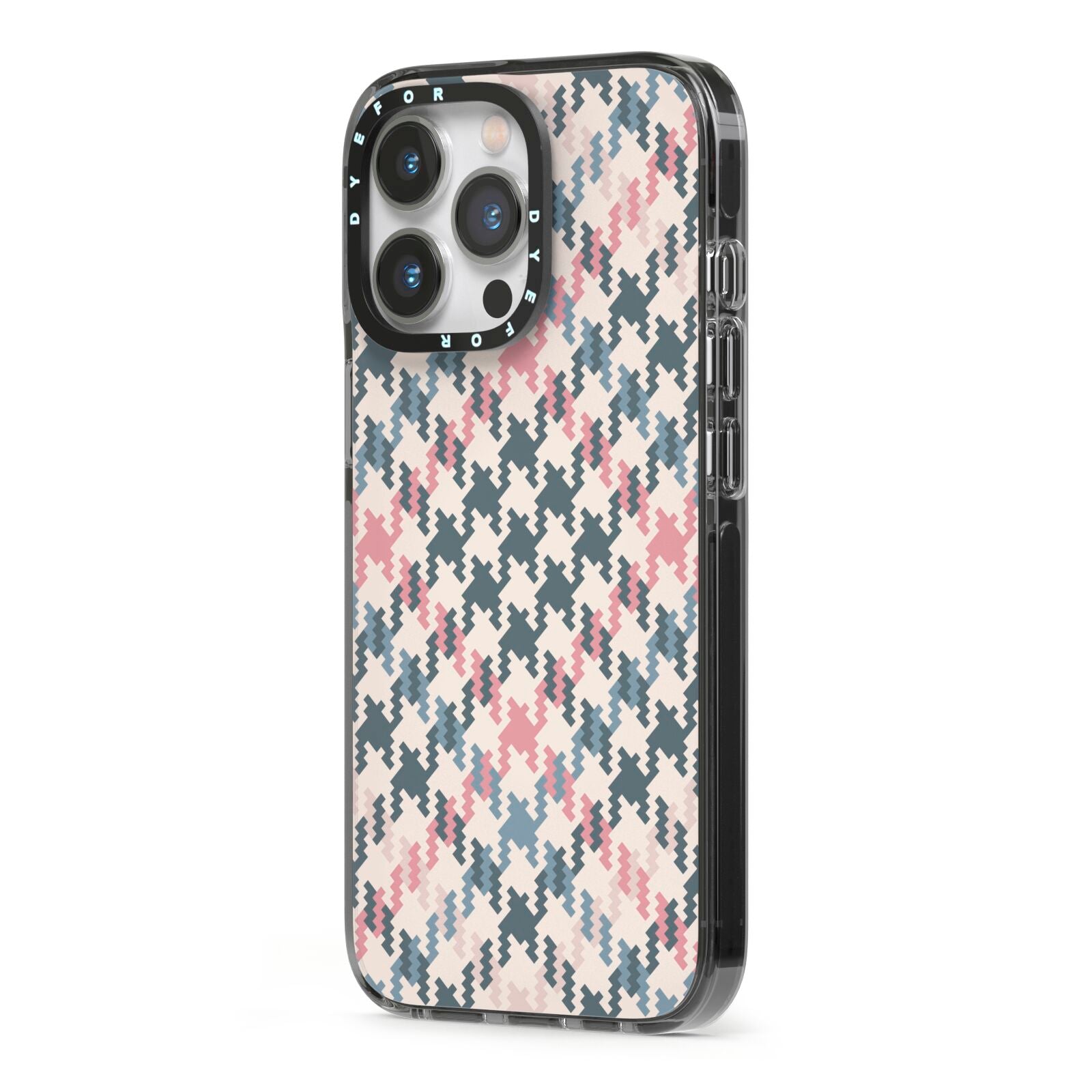 Houndstooth Fabric Effect iPhone 13 Pro Black Impact Case Side Angle on Silver phone