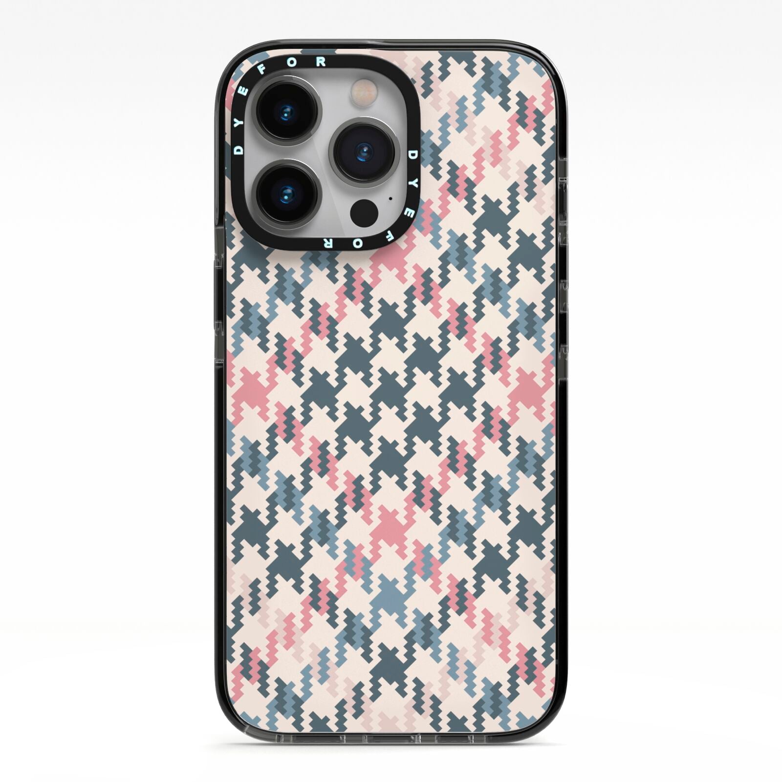 Houndstooth Fabric Effect iPhone 13 Pro Black Impact Case on Silver phone