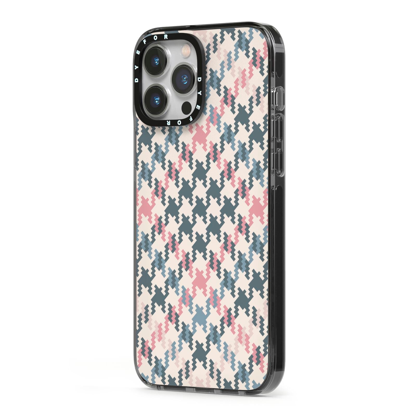 Houndstooth Fabric Effect iPhone 13 Pro Max Black Impact Case Side Angle on Silver phone