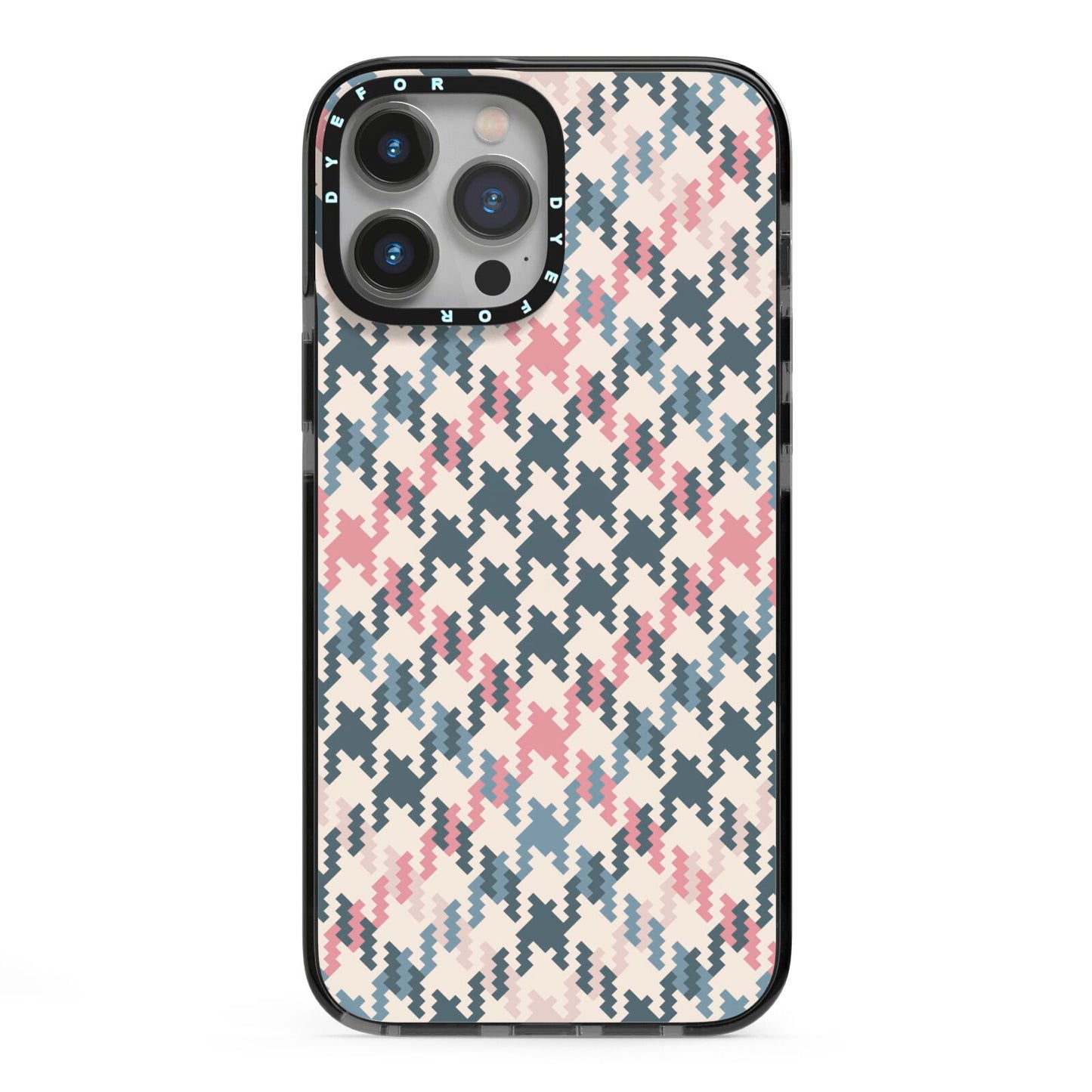 Houndstooth Fabric Effect iPhone 13 Pro Max Black Impact Case on Silver phone