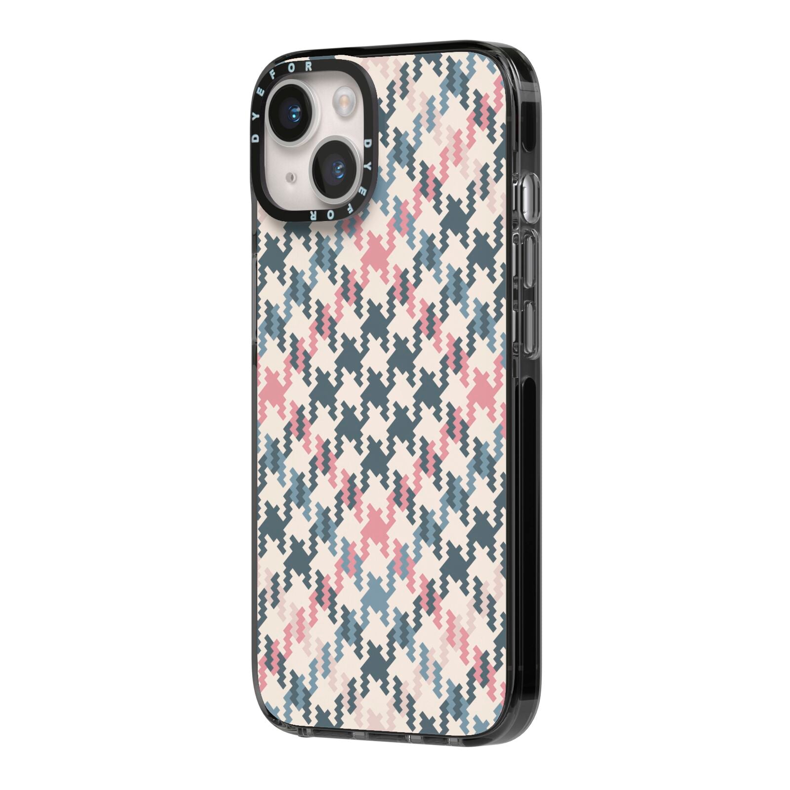 Houndstooth Fabric Effect iPhone 14 Black Impact Case Side Angle on Silver phone