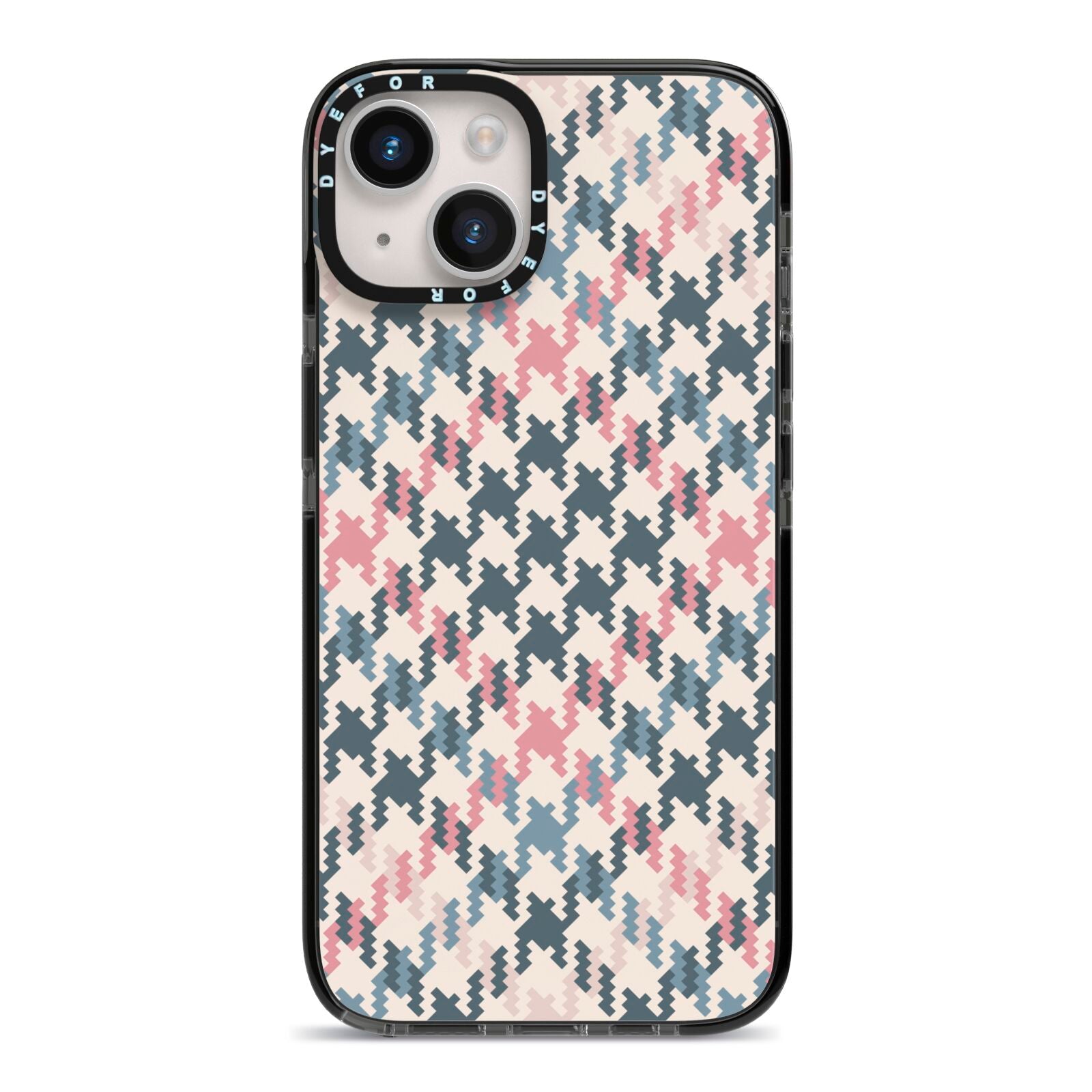 Houndstooth Fabric Effect iPhone 14 Black Impact Case on Silver phone