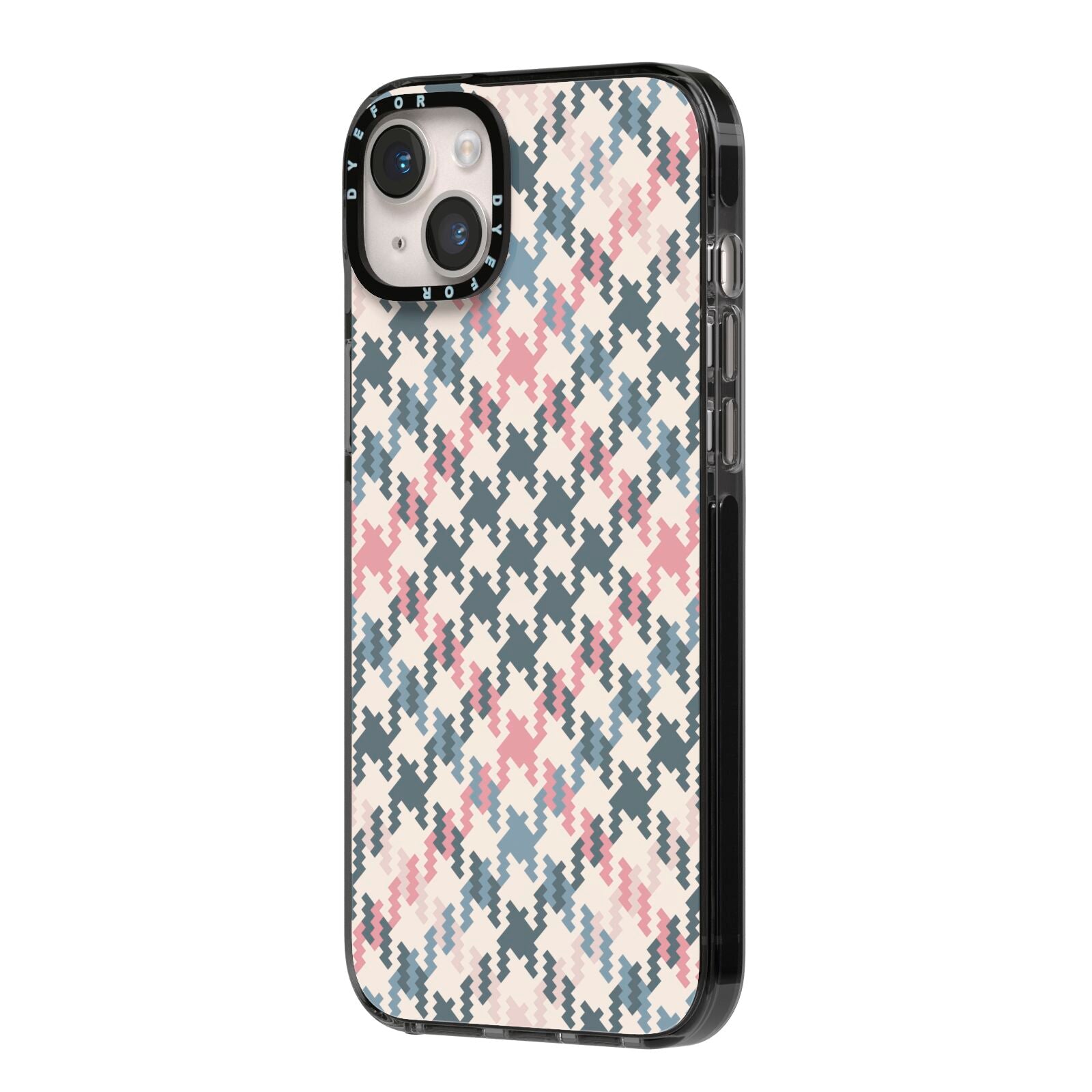 Houndstooth Fabric Effect iPhone 14 Plus Black Impact Case Side Angle on Silver phone