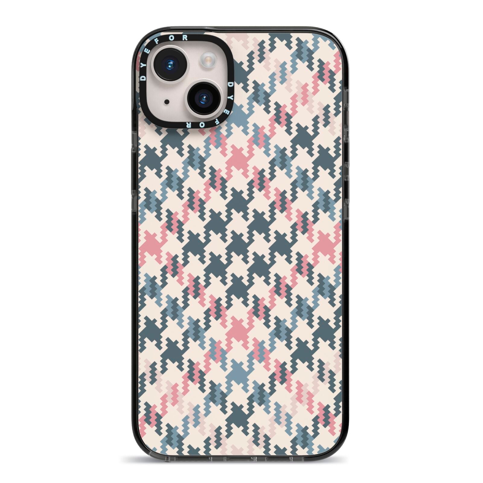 Houndstooth Fabric Effect iPhone 14 Plus Black Impact Case on Silver phone