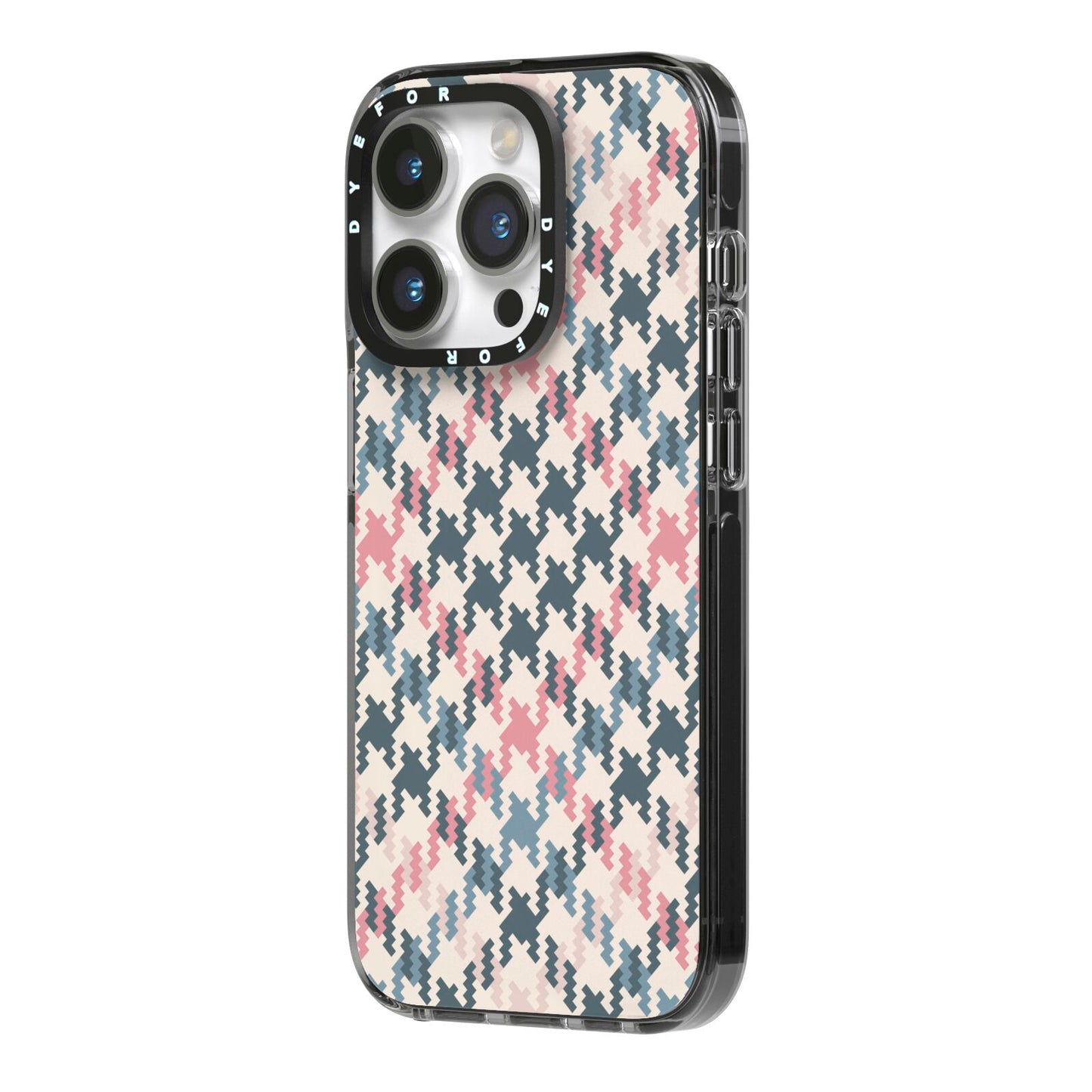 Houndstooth Fabric Effect iPhone 14 Pro Black Impact Case Side Angle on Silver phone