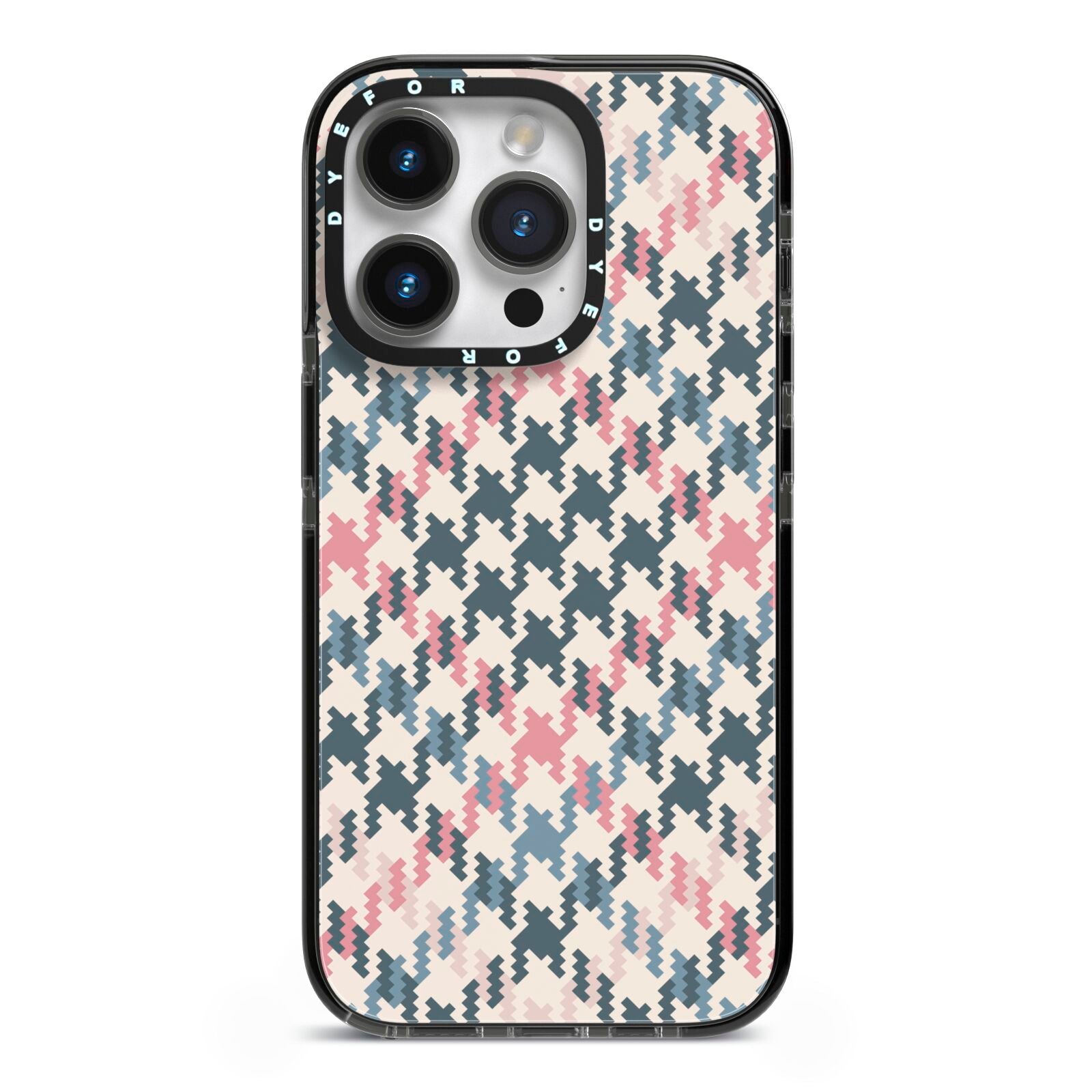 Houndstooth Fabric Effect iPhone 14 Pro Black Impact Case on Silver phone