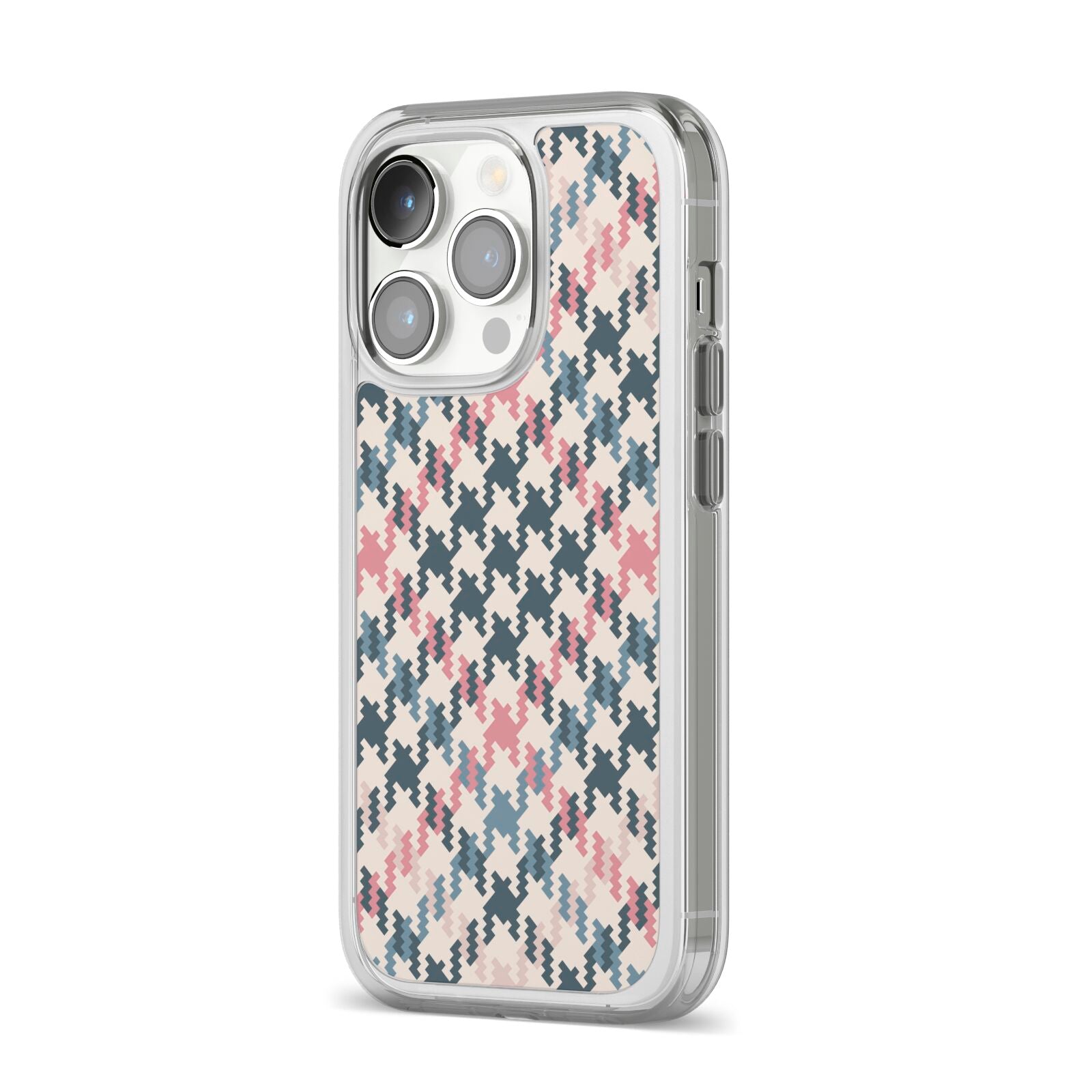 Houndstooth Fabric Effect iPhone 14 Pro Clear Tough Case Silver Angled Image