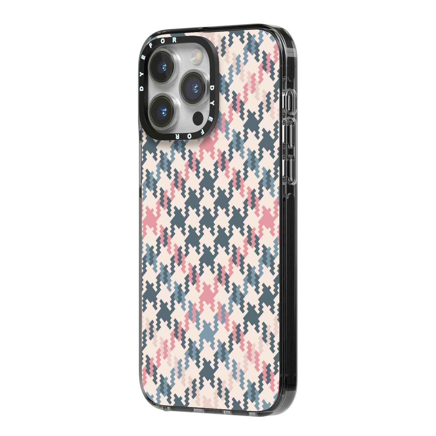 Houndstooth Fabric Effect iPhone 14 Pro Max Black Impact Case Side Angle on Silver phone