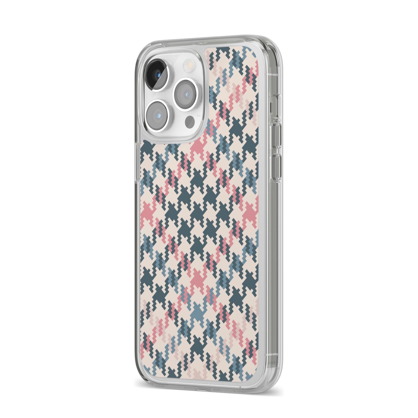 Houndstooth Fabric Effect iPhone 14 Pro Max Clear Tough Case Silver Angled Image