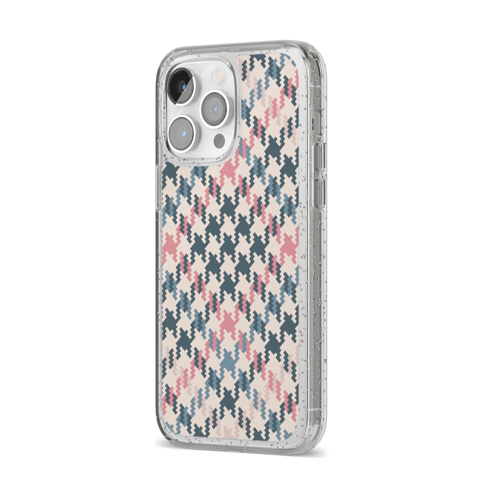 Houndstooth Fabric Effect iPhone 14 Pro Max Glitter Tough Case Silver Angled Image