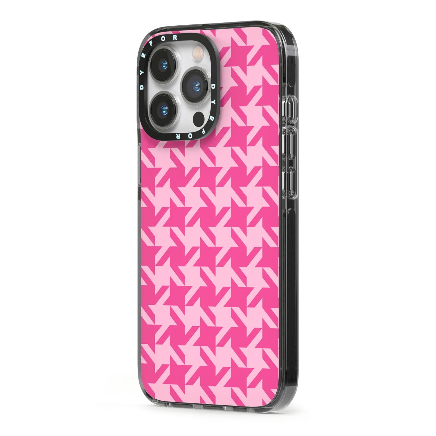 Houndstooth iPhone 13 Pro Black Impact Case Side Angle on Silver phone