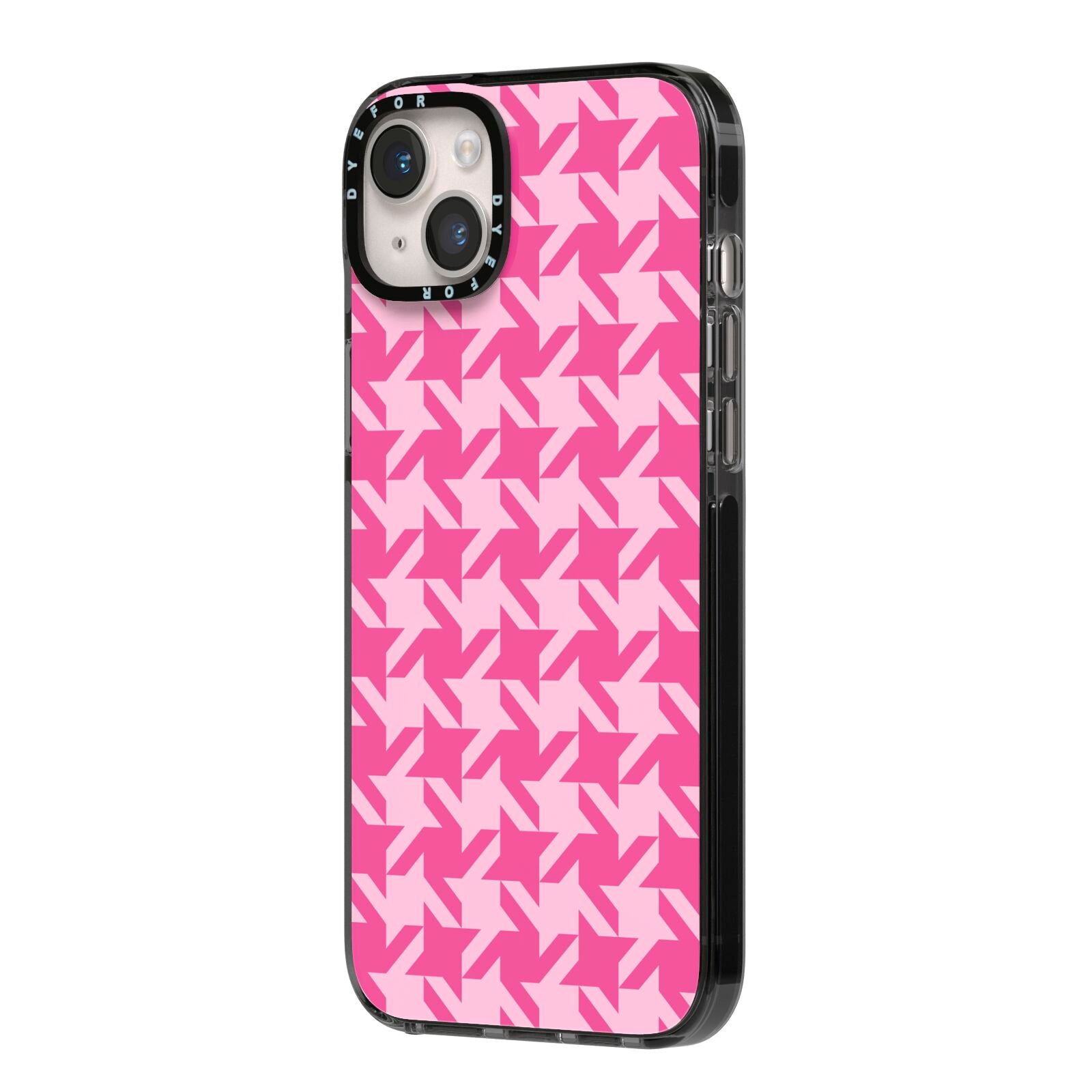 Houndstooth iPhone 14 Plus Black Impact Case Side Angle on Silver phone