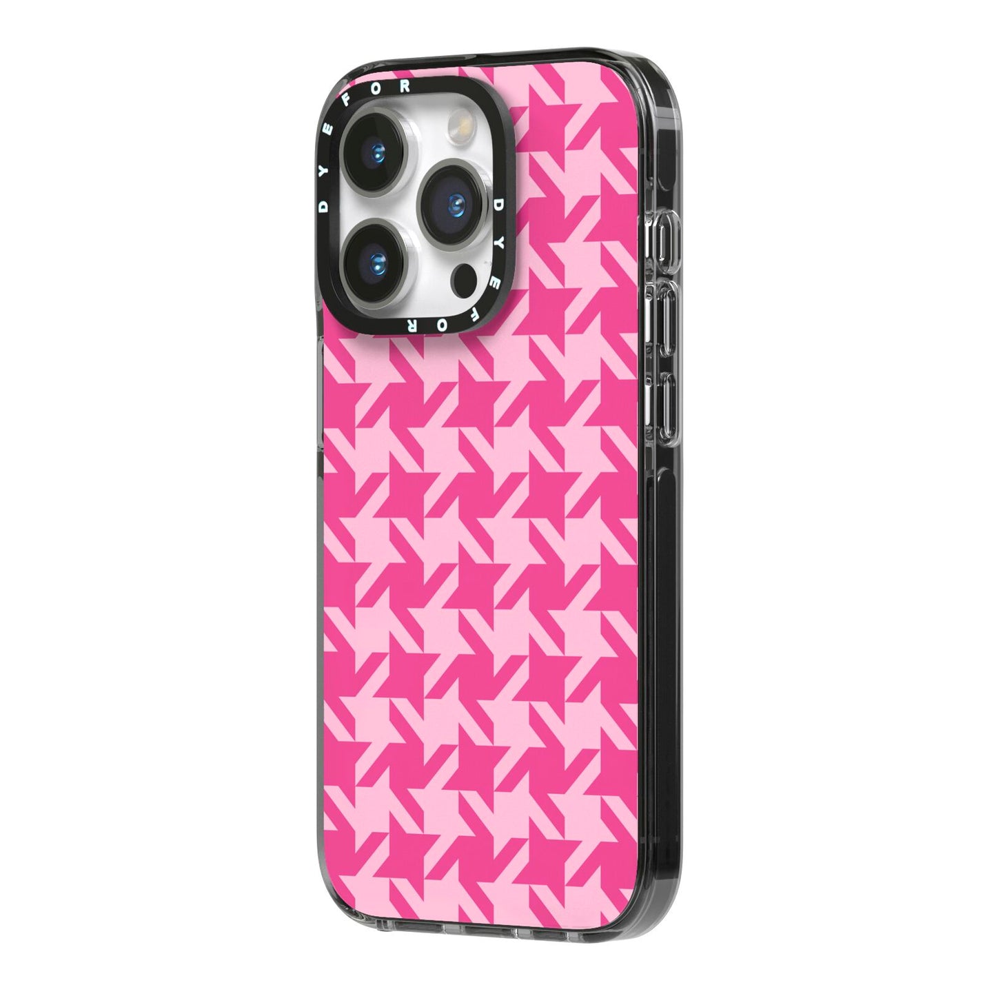 Houndstooth iPhone 14 Pro Black Impact Case Side Angle on Silver phone