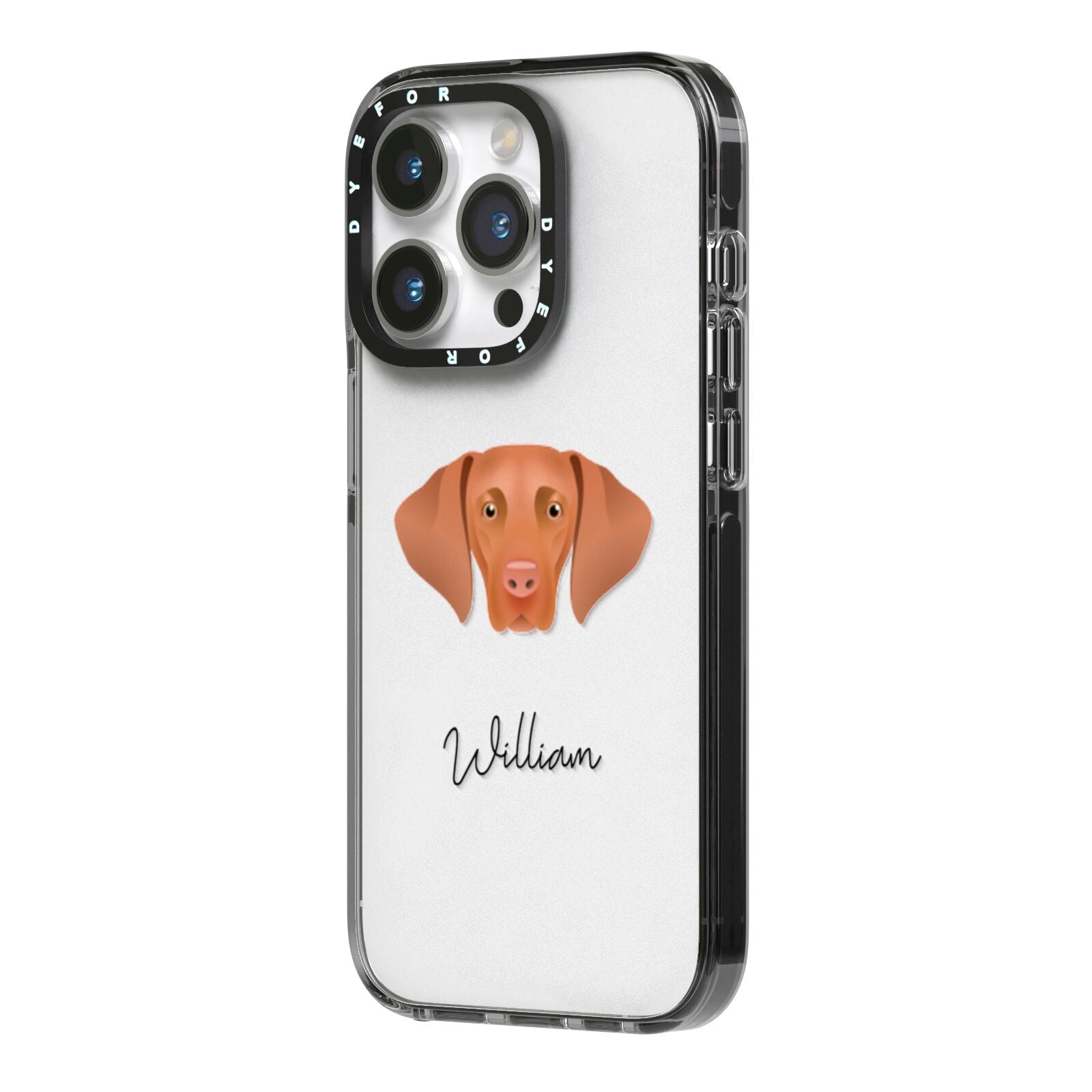 Hungarian Vizsla Personalised iPhone 14 Pro Black Impact Case Side Angle on Silver phone