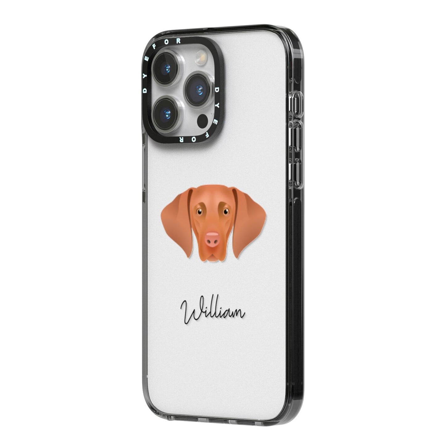 Hungarian Vizsla Personalised iPhone 14 Pro Max Black Impact Case Side Angle on Silver phone