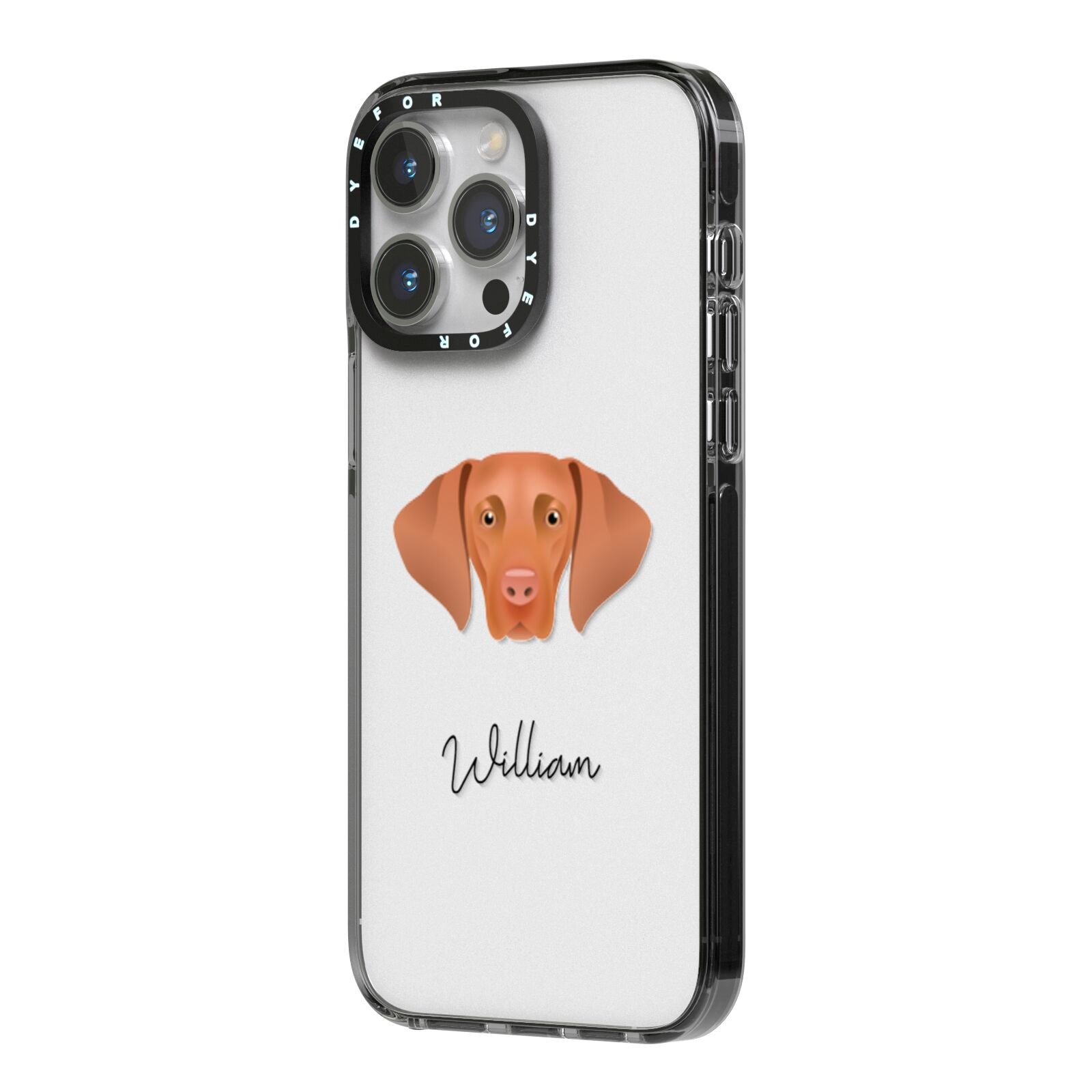 Hungarian Vizsla Personalised iPhone 14 Pro Max Black Impact Case Side Angle on Silver phone