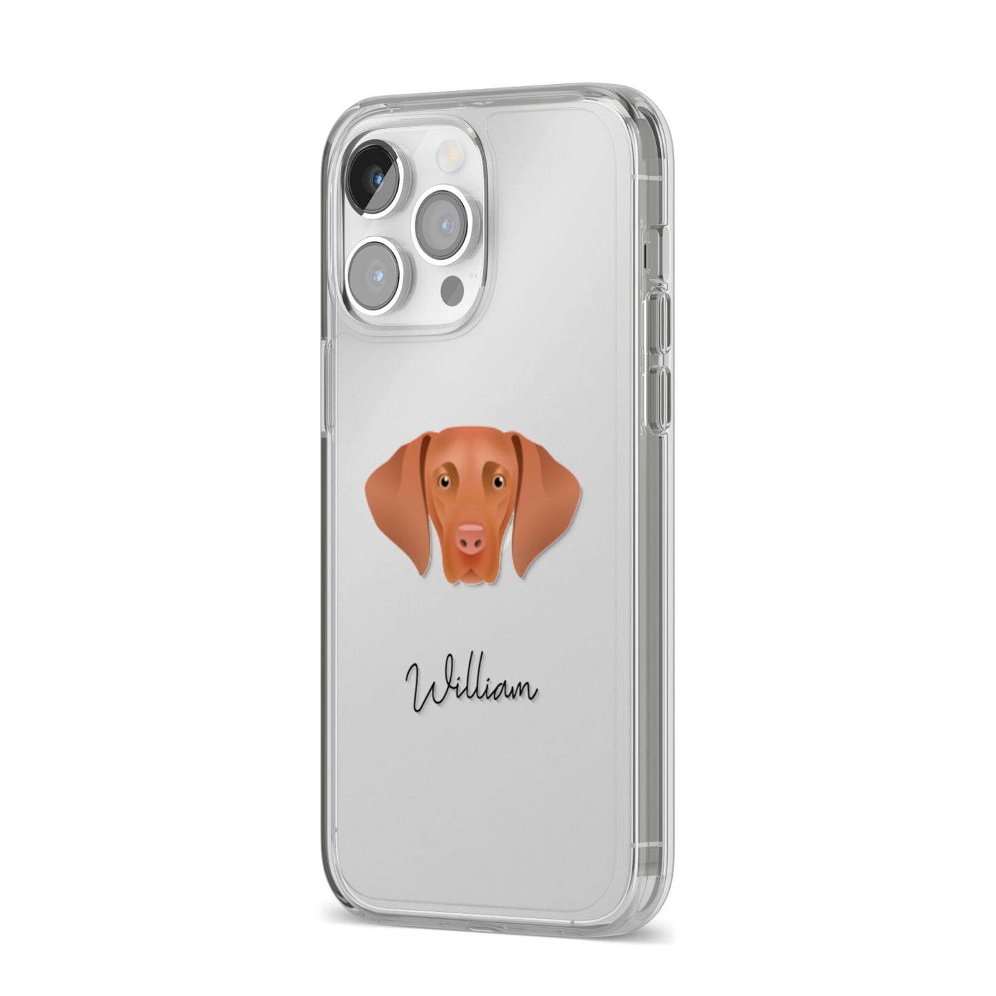 Hungarian Vizsla Personalised iPhone 14 Pro Max Clear Tough Case Silver Angled Image