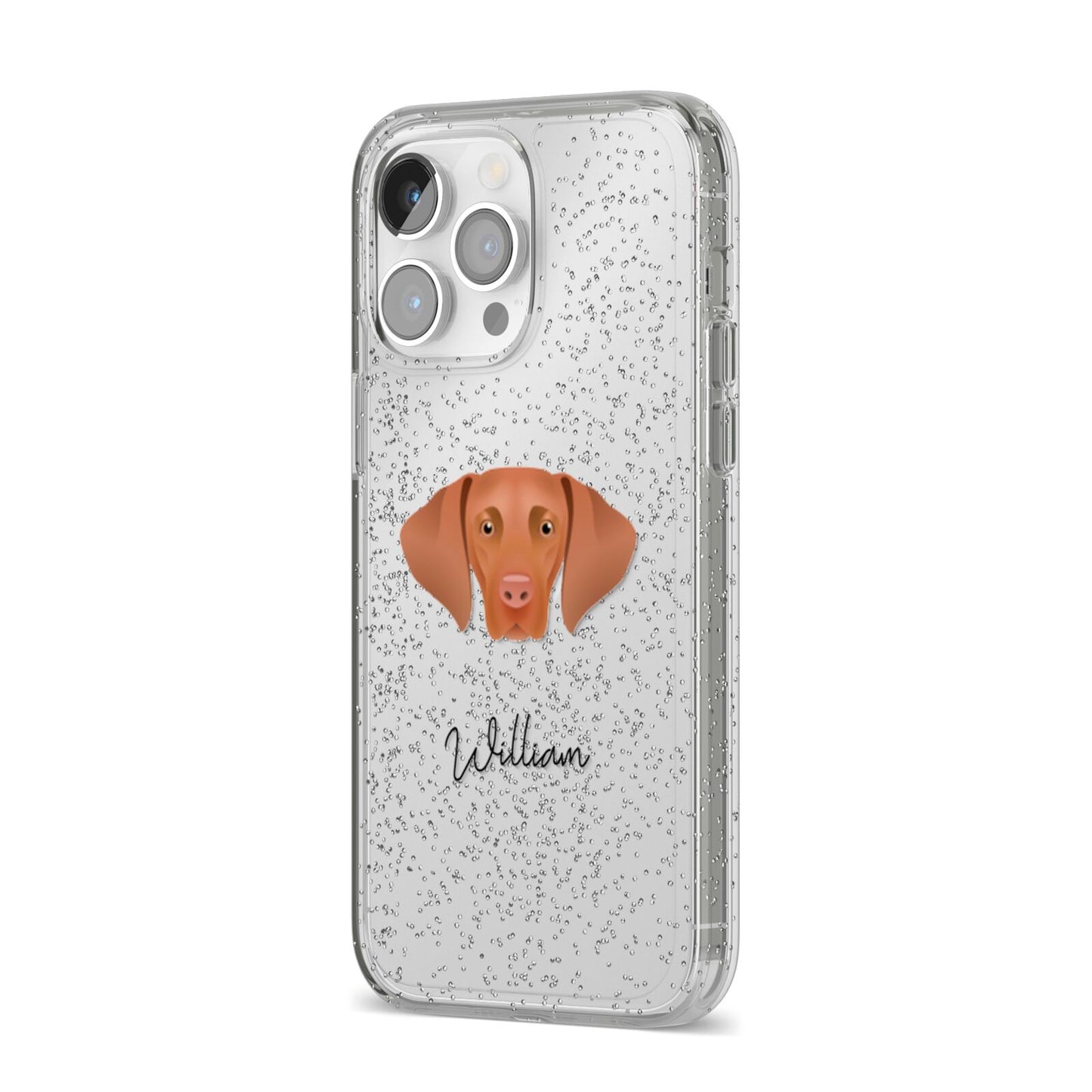 Hungarian Vizsla Personalised iPhone 14 Pro Max Glitter Tough Case Silver Angled Image