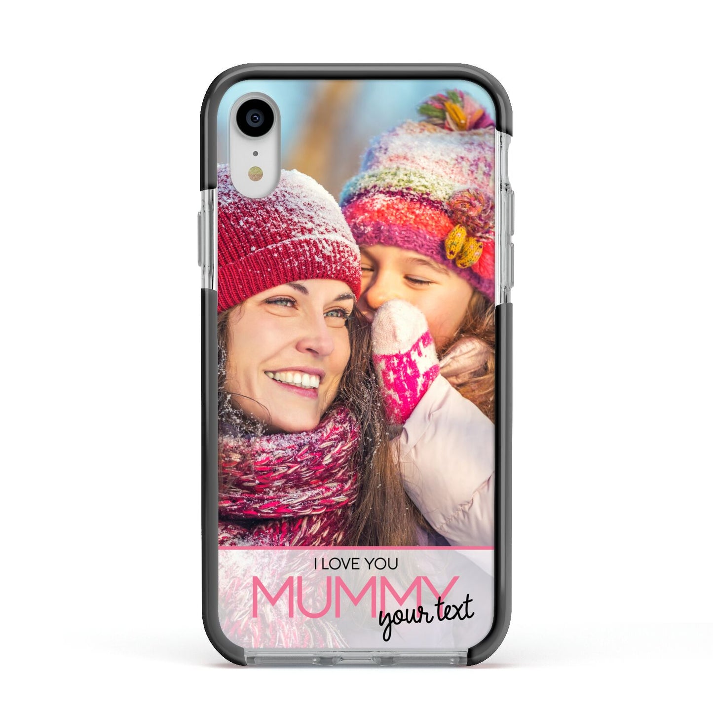 I Love You Mummy Personalised Photo Upload with Text Apple iPhone XR Impact Case Black Edge on Silver Phone