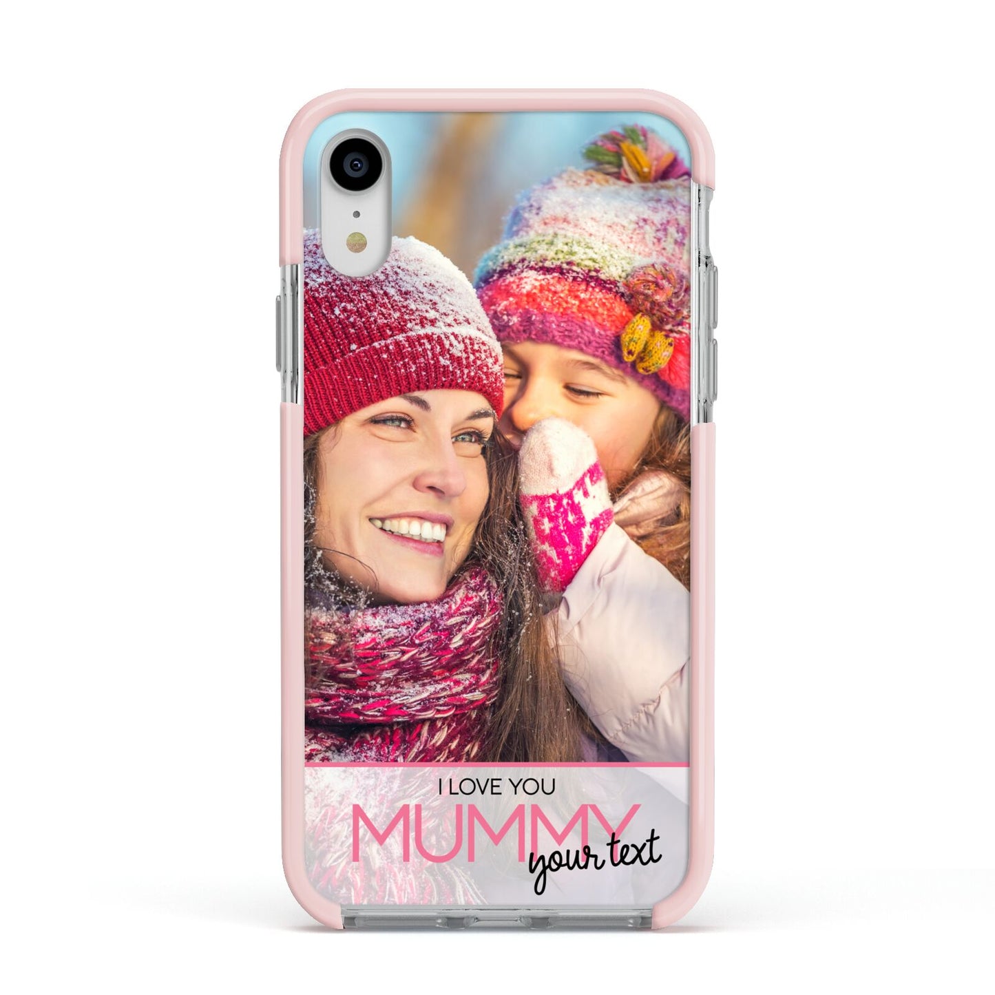 I Love You Mummy Personalised Photo Upload with Text Apple iPhone XR Impact Case Pink Edge on Silver Phone