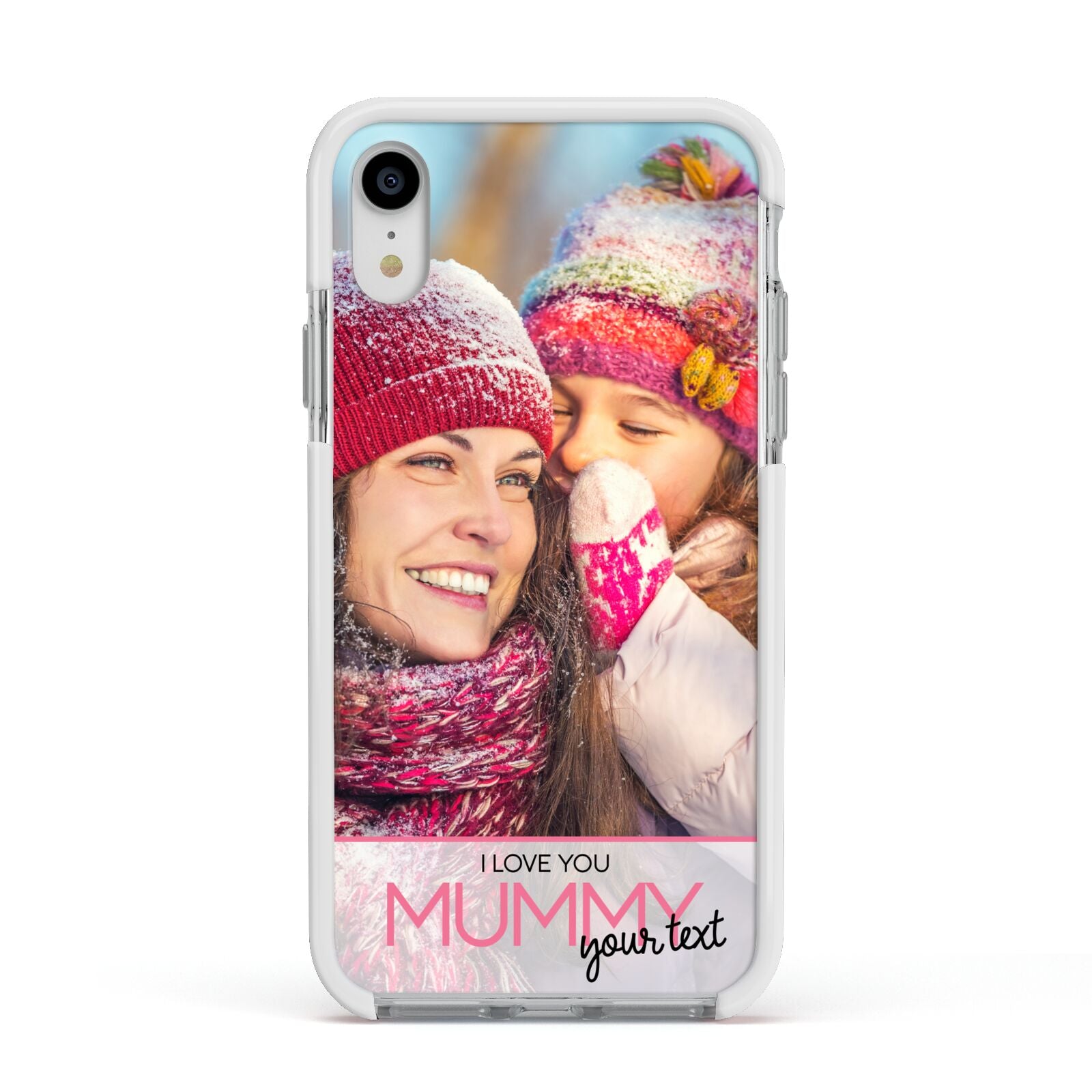 I Love You Mummy Personalised Photo Upload with Text Apple iPhone XR Impact Case White Edge on Silver Phone