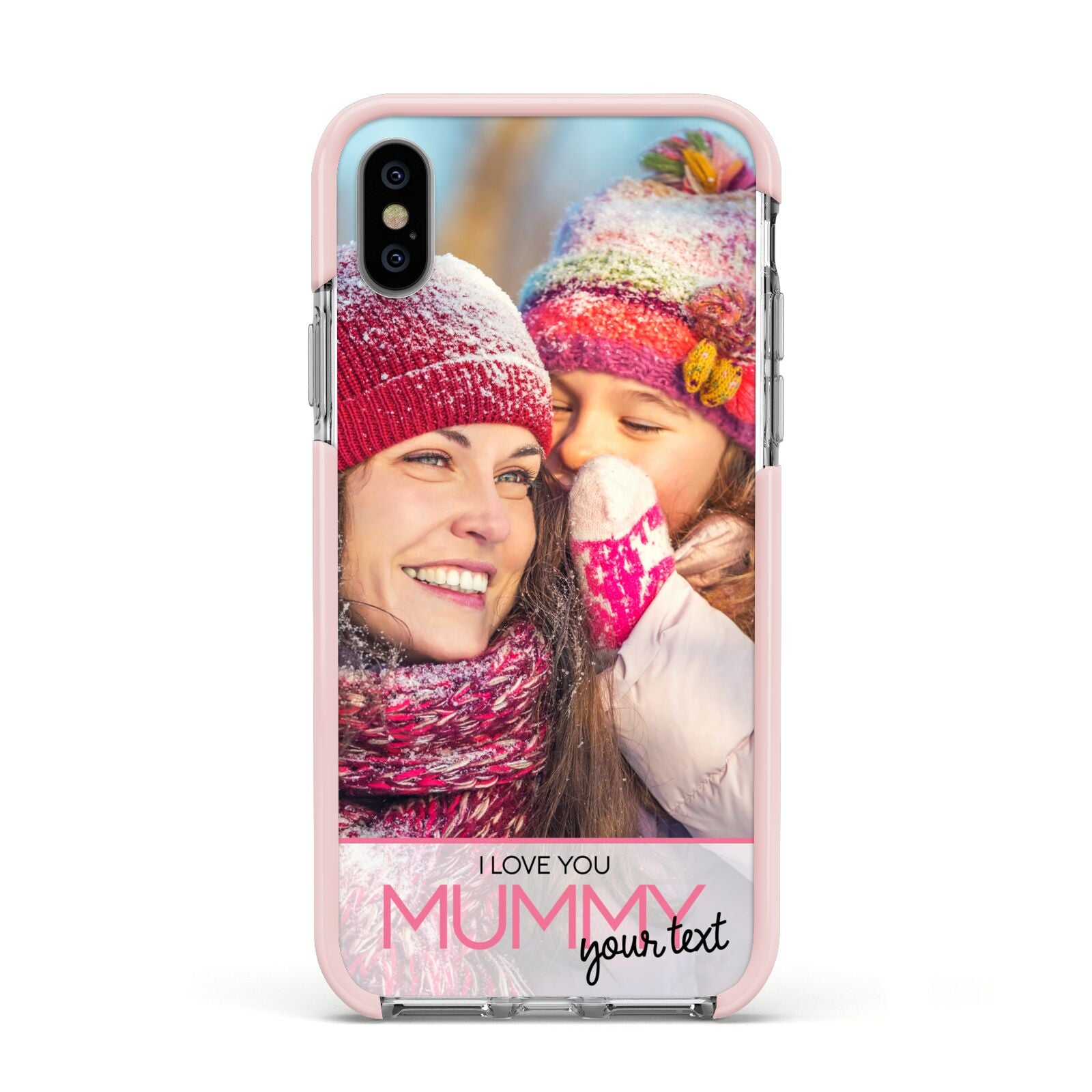 I Love You Mummy Personalised Photo Upload with Text Apple iPhone Xs Impact Case Pink Edge on Silver Phone