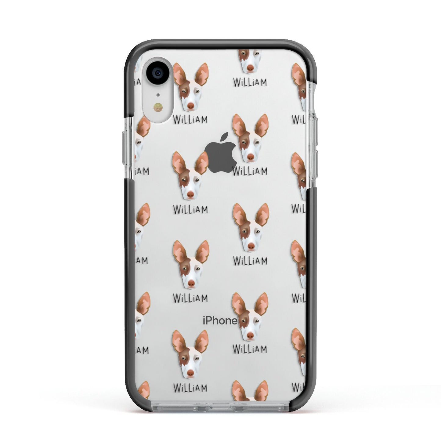 Ibizan Hound Icon with Name Apple iPhone XR Impact Case Black Edge on Silver Phone