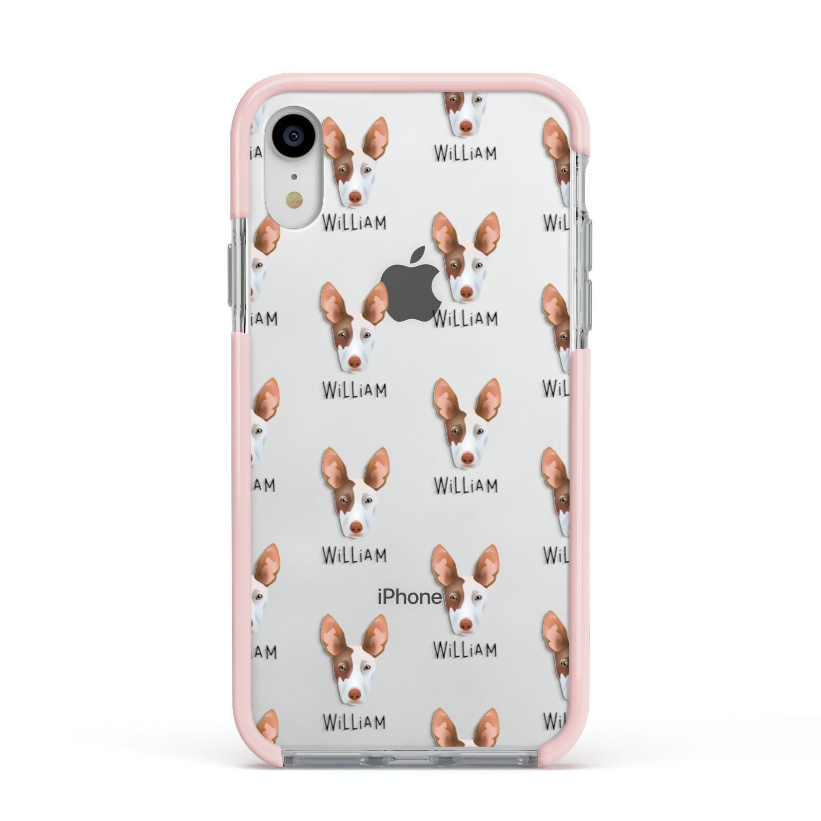 Ibizan Hound Icon with Name Apple iPhone XR Impact Case Pink Edge on Silver Phone