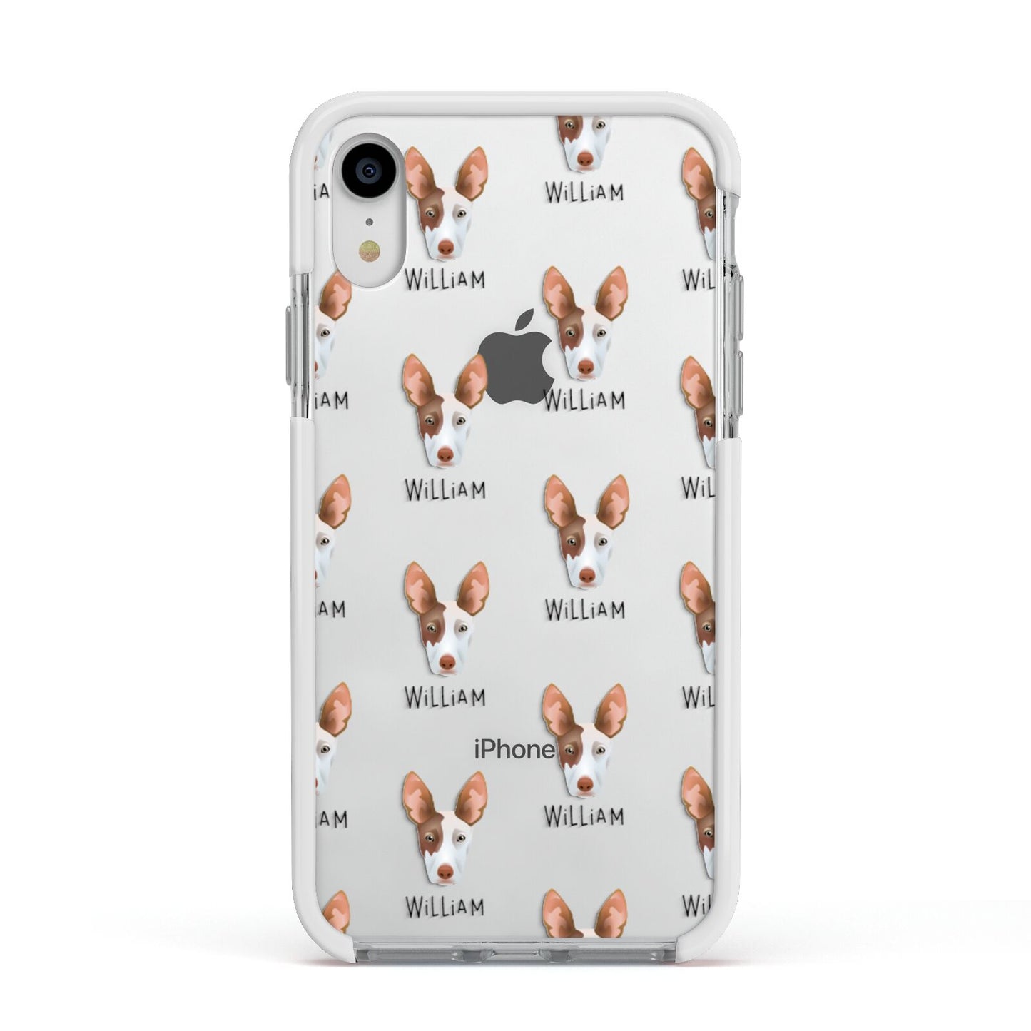 Ibizan Hound Icon with Name Apple iPhone XR Impact Case White Edge on Silver Phone