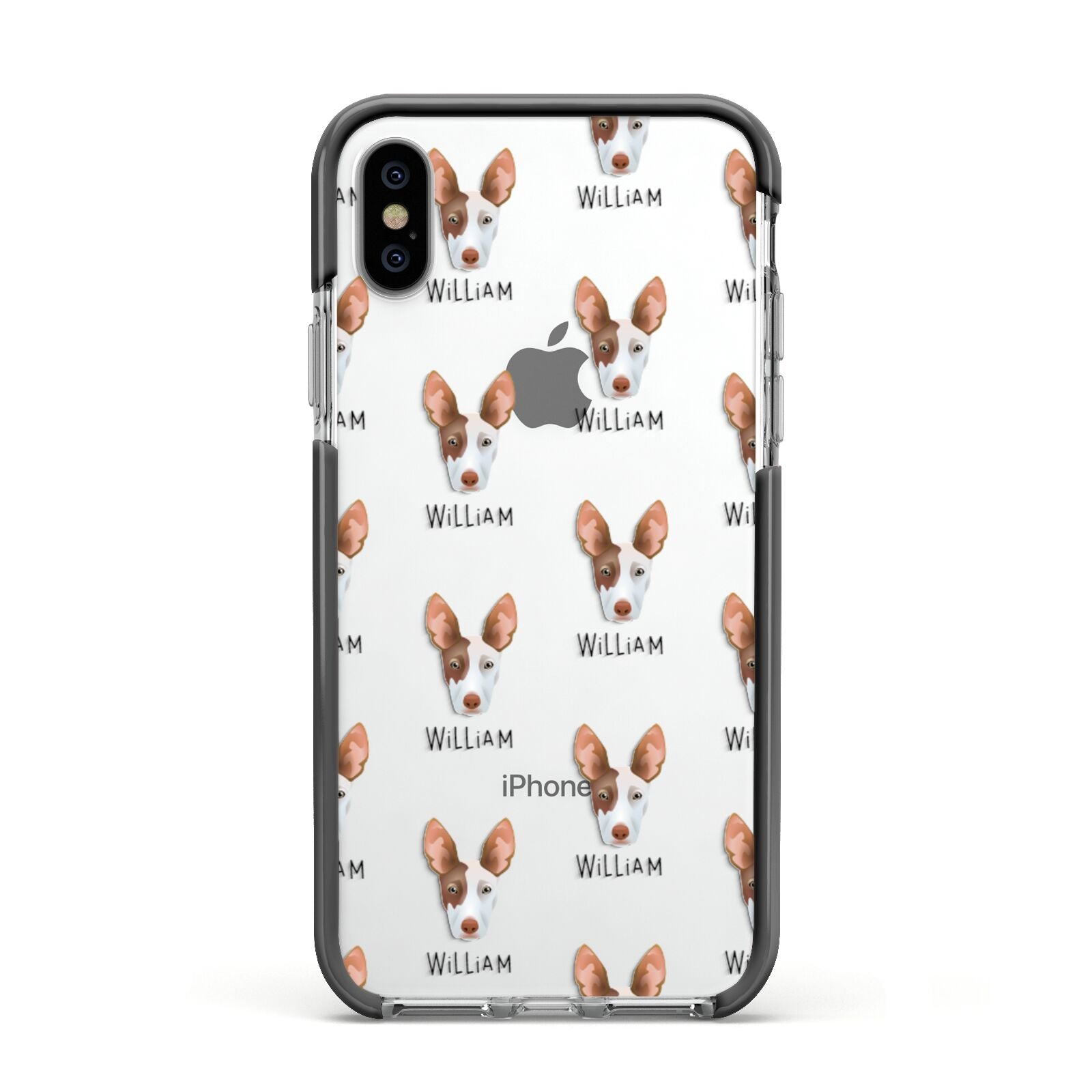 Ibizan Hound Icon with Name Apple iPhone Xs Impact Case Black Edge on Silver Phone