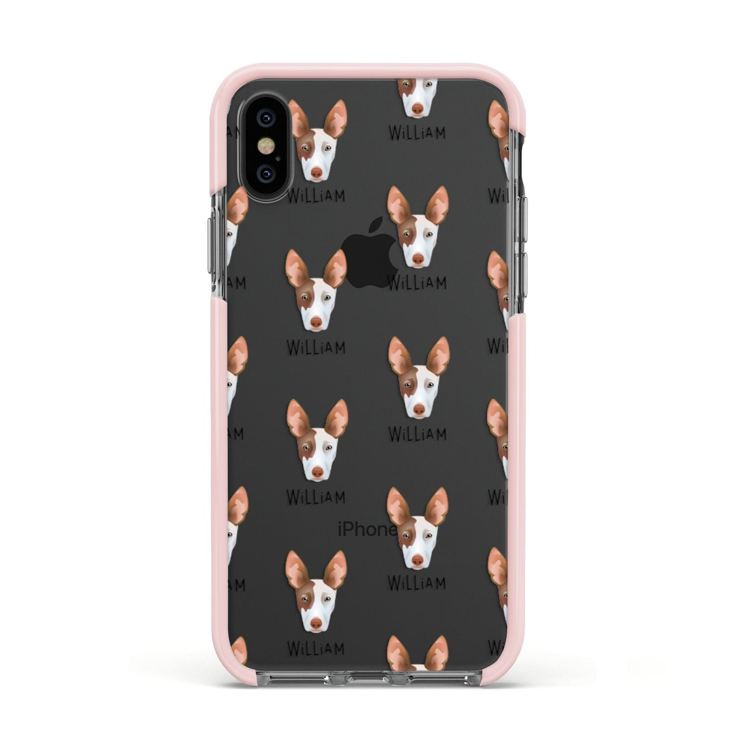 Ibizan Hound Icon with Name Apple iPhone Xs Impact Case Pink Edge on Black Phone