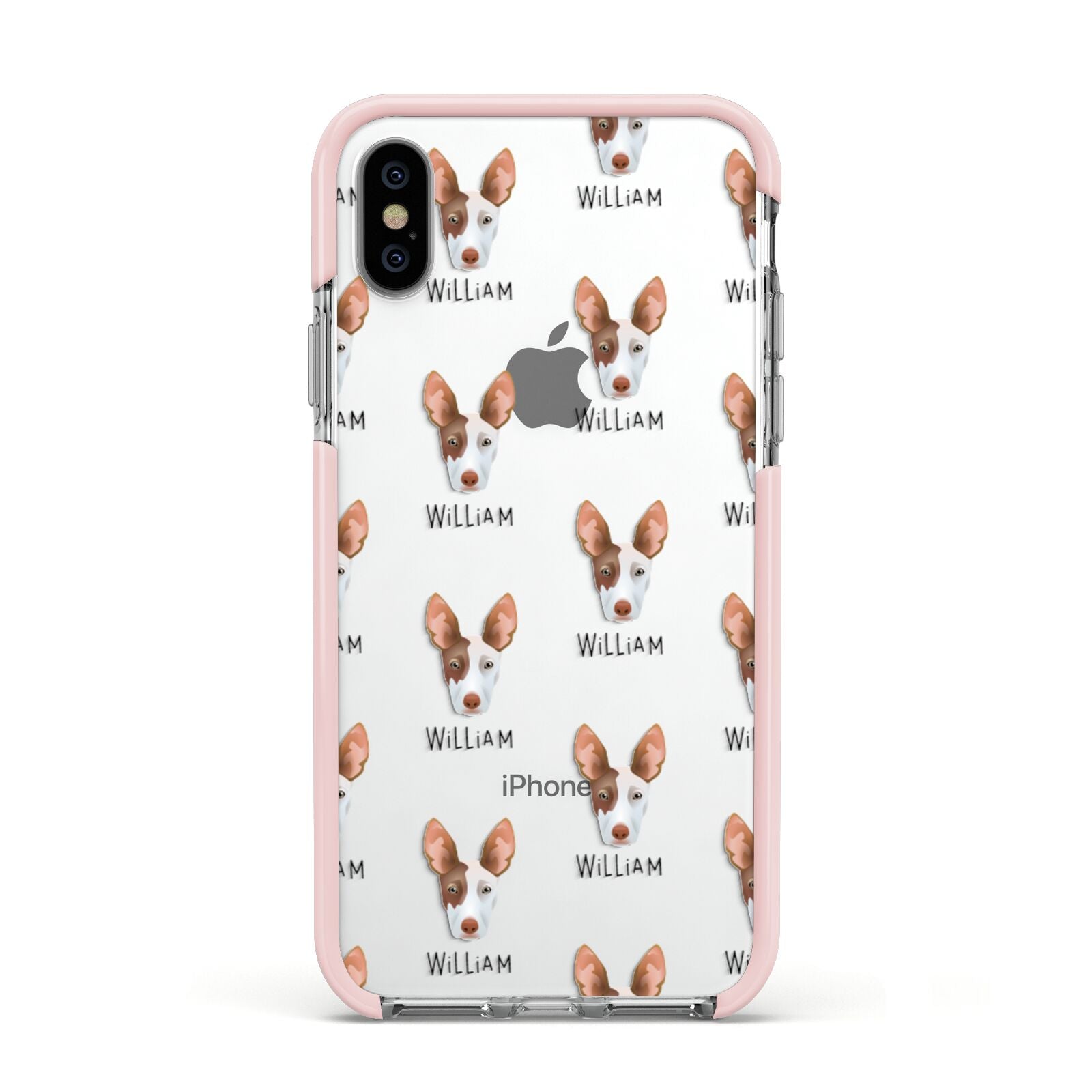 Ibizan Hound Icon with Name Apple iPhone Xs Impact Case Pink Edge on Silver Phone