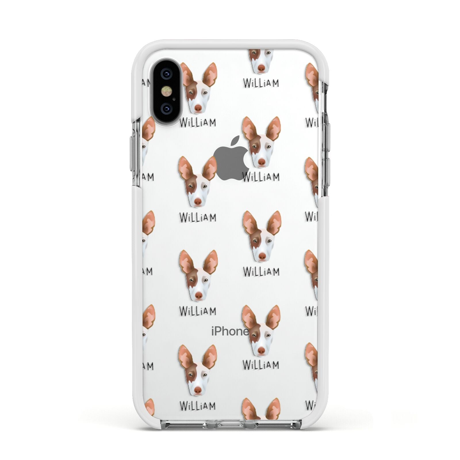 Ibizan Hound Icon with Name Apple iPhone Xs Impact Case White Edge on Silver Phone