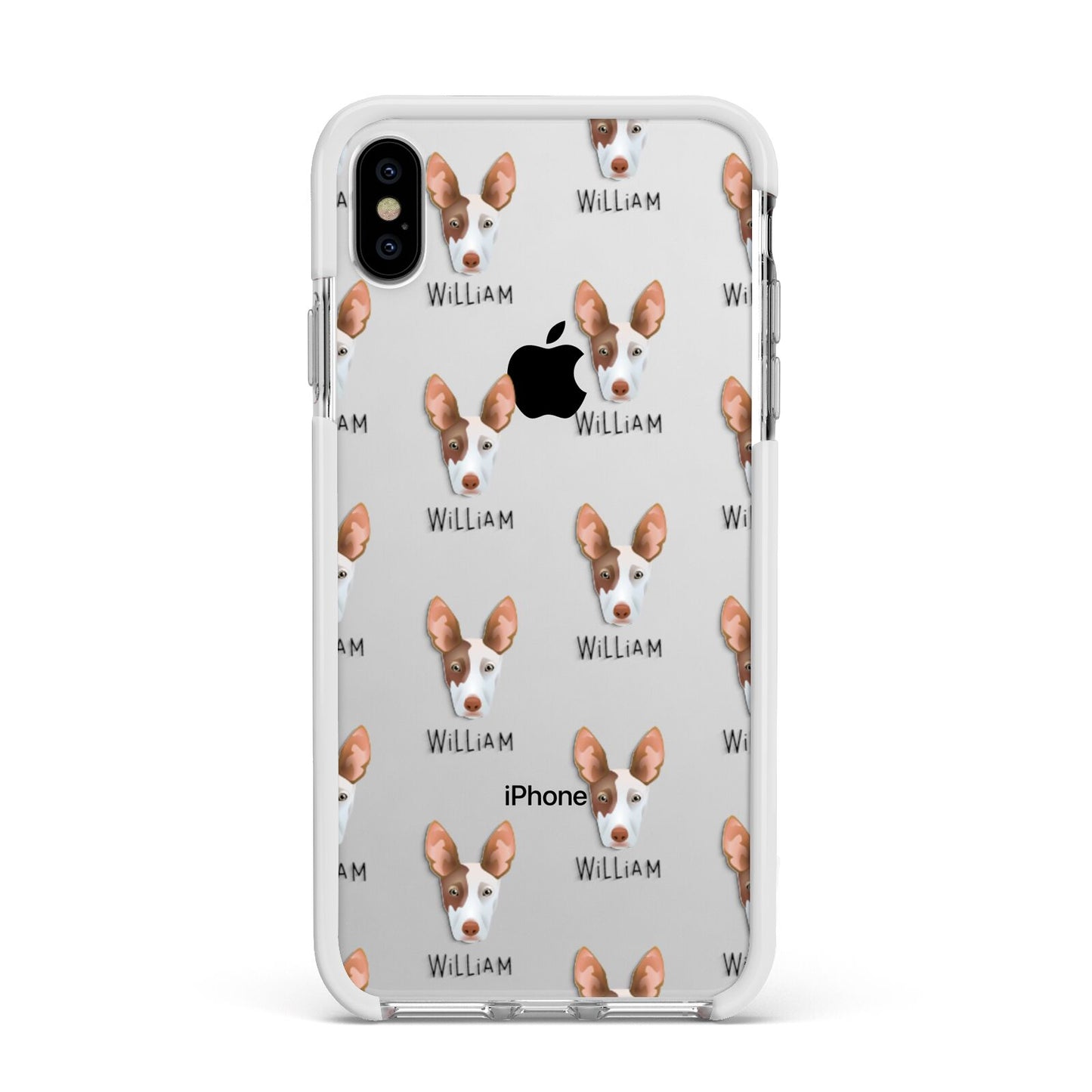 Ibizan Hound Icon with Name Apple iPhone Xs Max Impact Case White Edge on Silver Phone