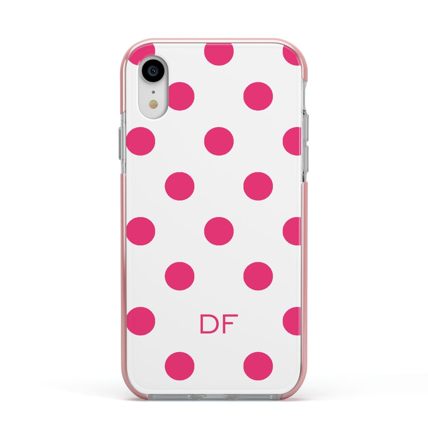 Initial Dots Personalised Apple iPhone XR Impact Case Pink Edge on Silver Phone