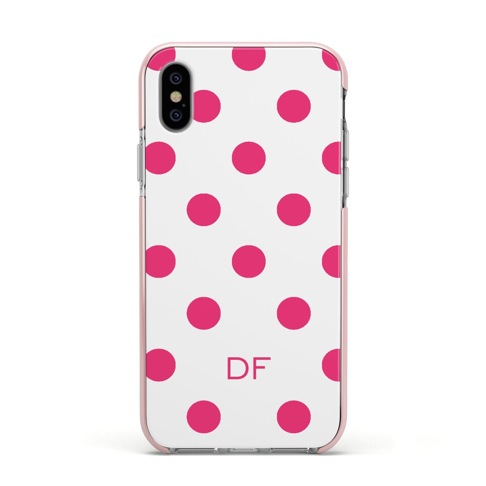 Initial Dots Personalised Apple iPhone Xs Impact Case Pink Edge on Silver Phone