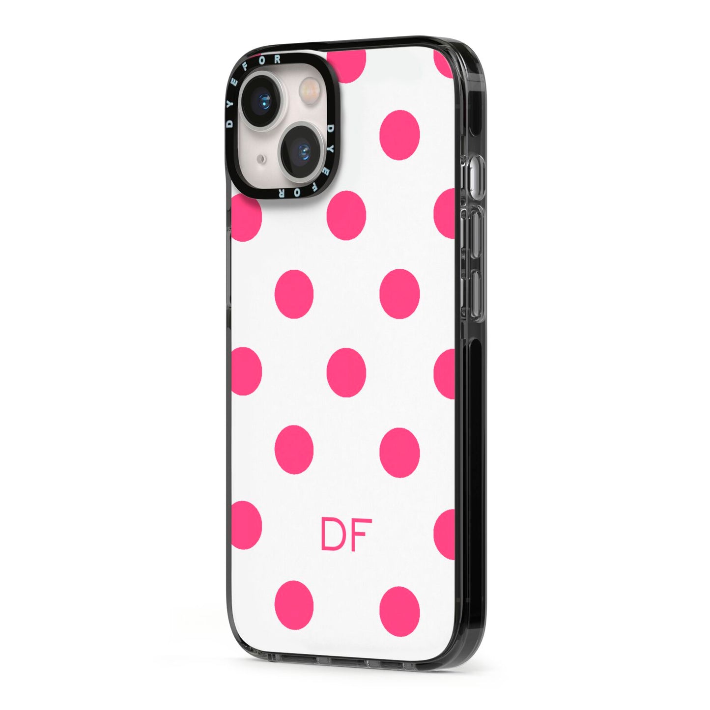 Initial Dots Personalised iPhone 13 Black Impact Case Side Angle on Silver phone