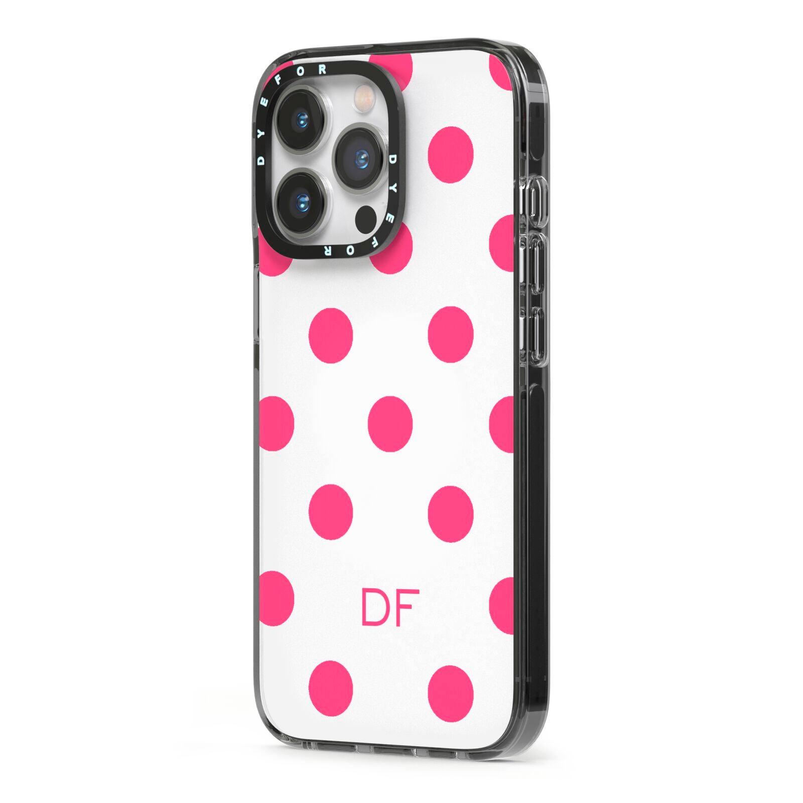 Initial Dots Personalised iPhone 13 Pro Black Impact Case Side Angle on Silver phone