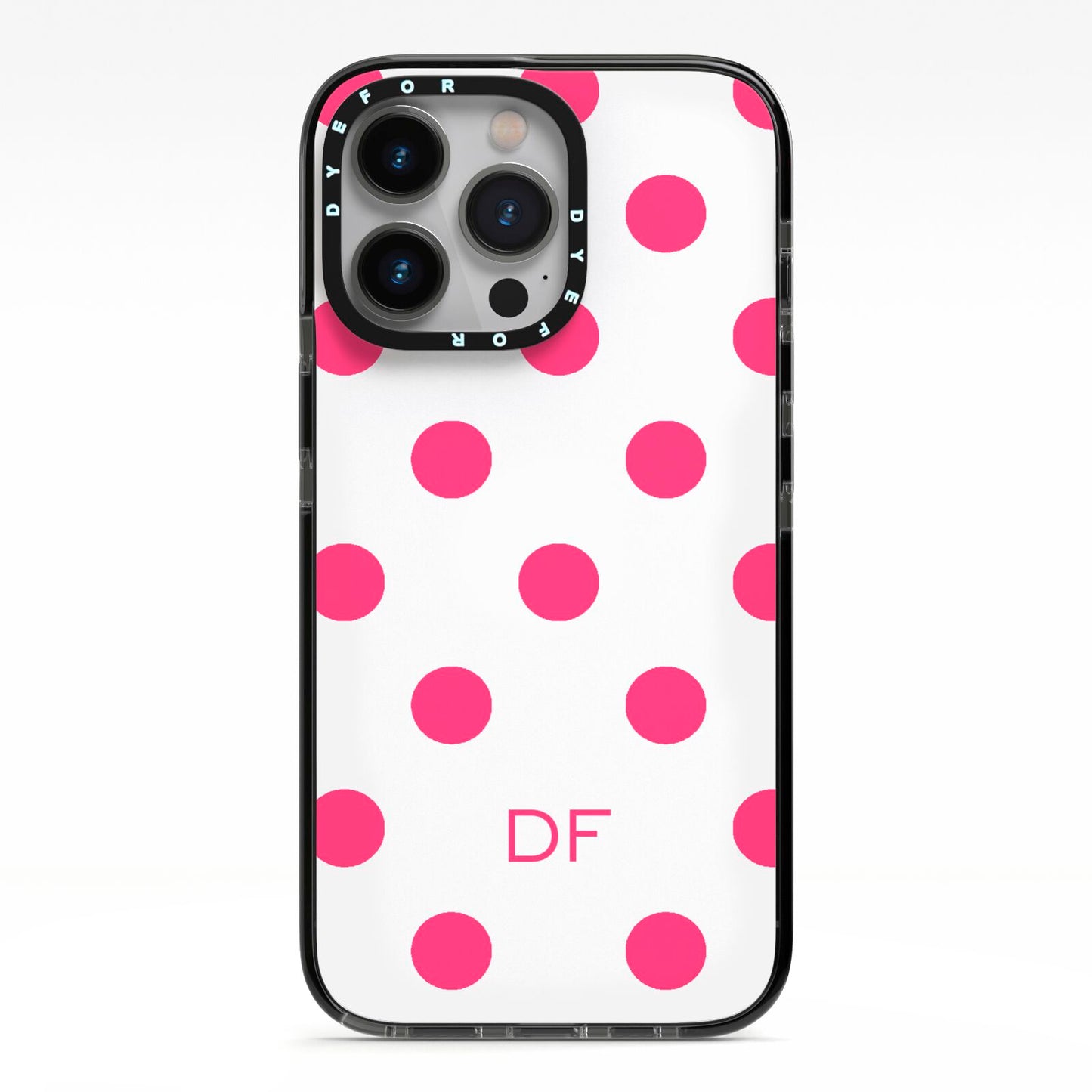 Initial Dots Personalised iPhone 13 Pro Black Impact Case on Silver phone