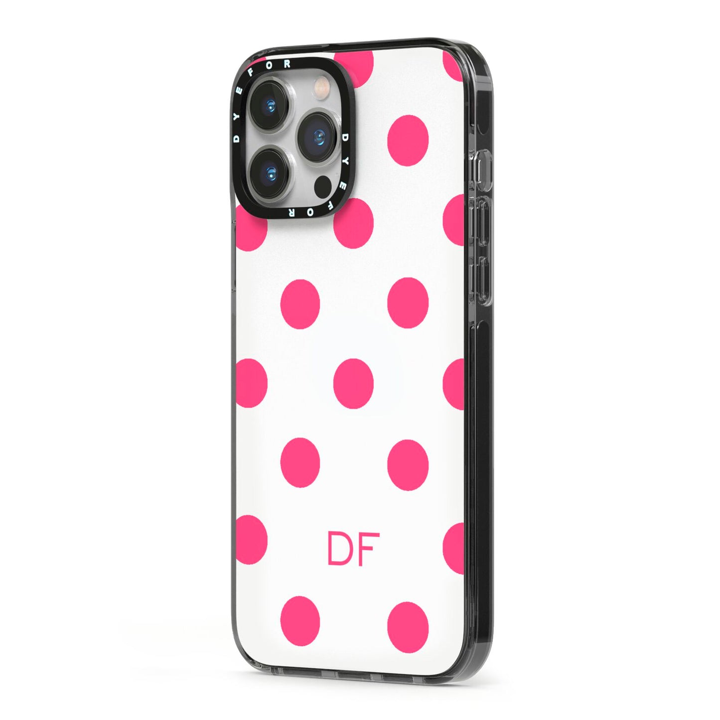 Initial Dots Personalised iPhone 13 Pro Max Black Impact Case Side Angle on Silver phone