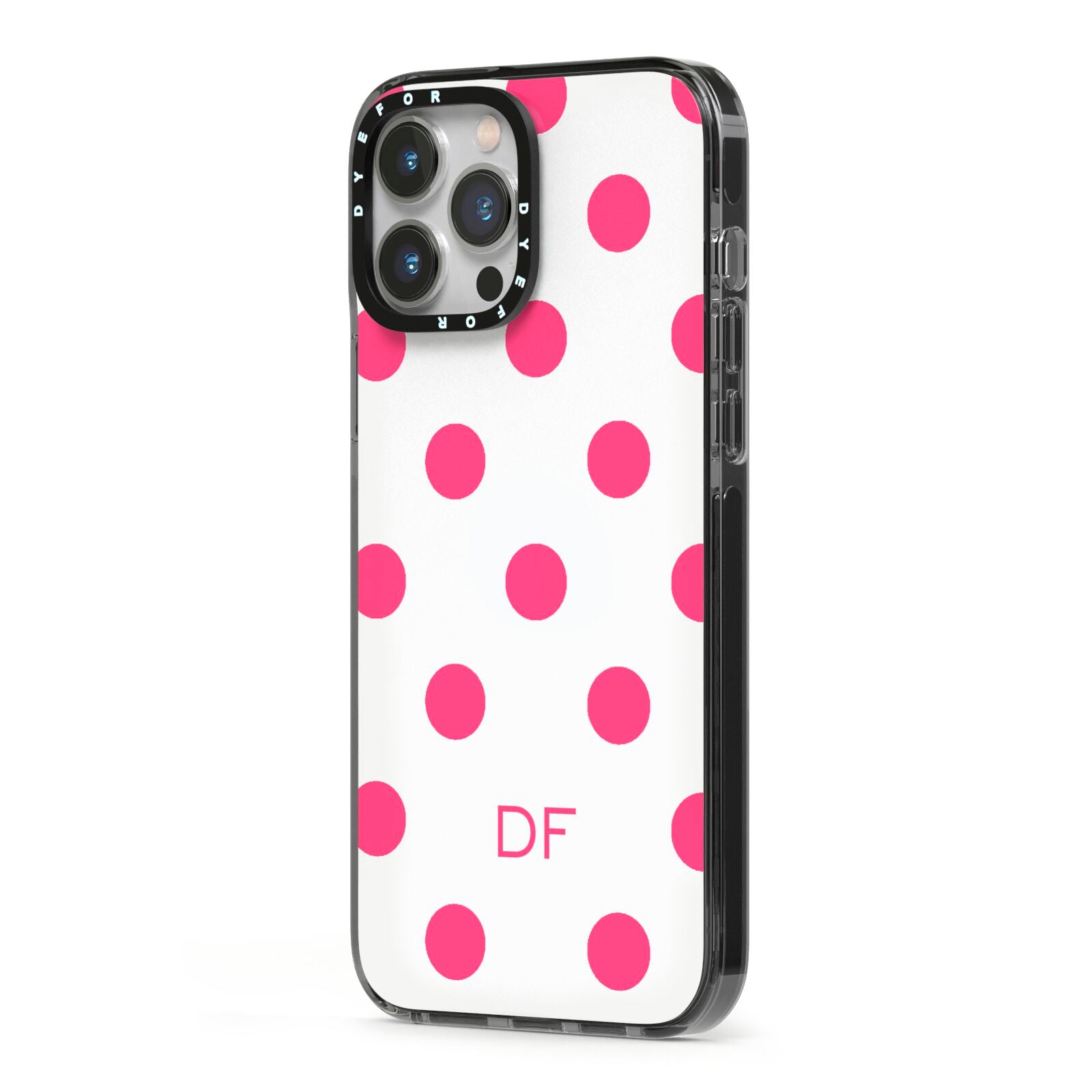 Initial Dots Personalised iPhone 13 Pro Max Black Impact Case Side Angle on Silver phone