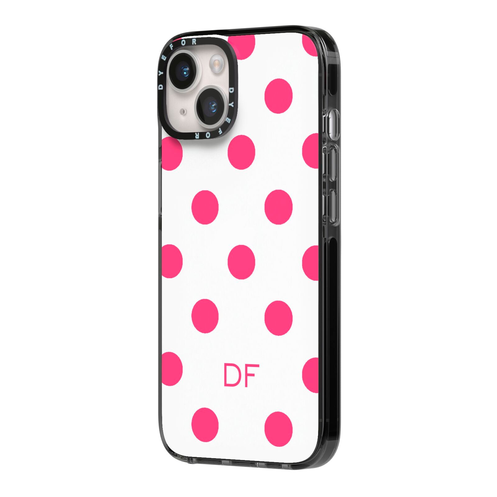 Initial Dots Personalised iPhone 14 Black Impact Case Side Angle on Silver phone