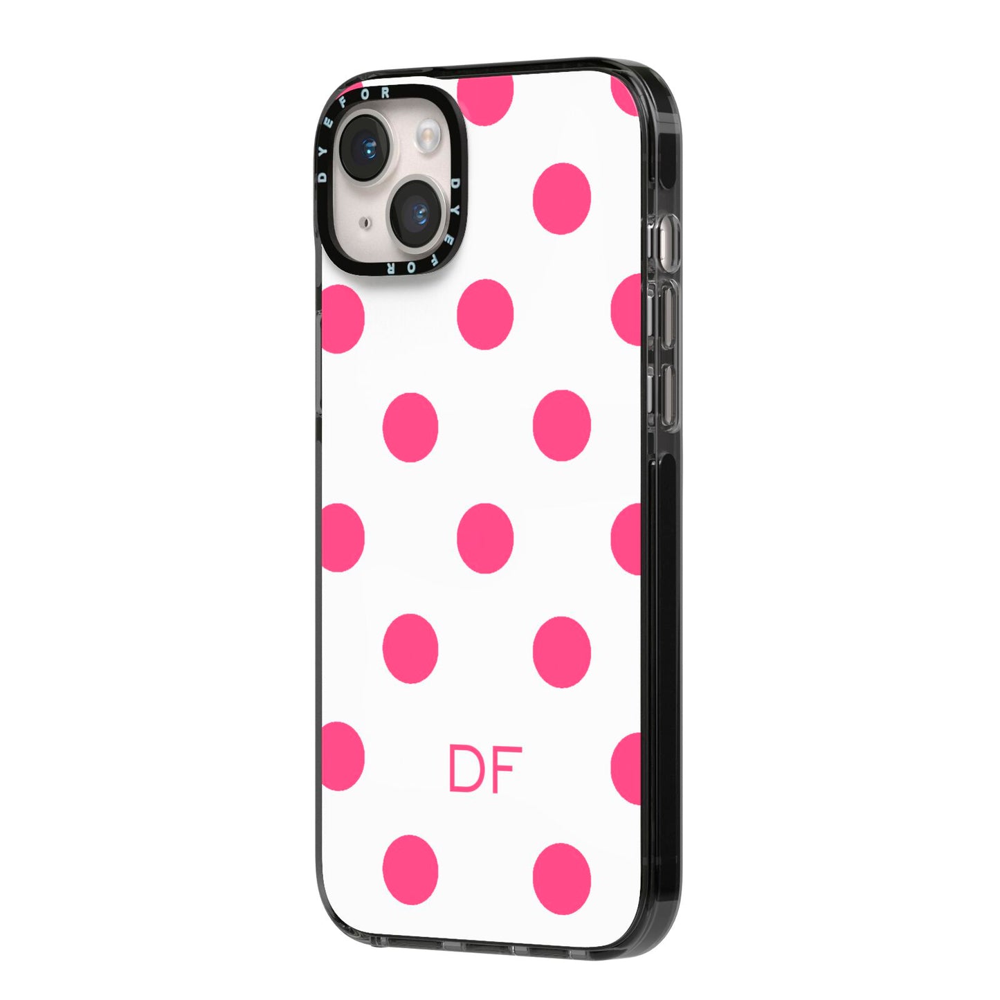 Initial Dots Personalised iPhone 14 Plus Black Impact Case Side Angle on Silver phone