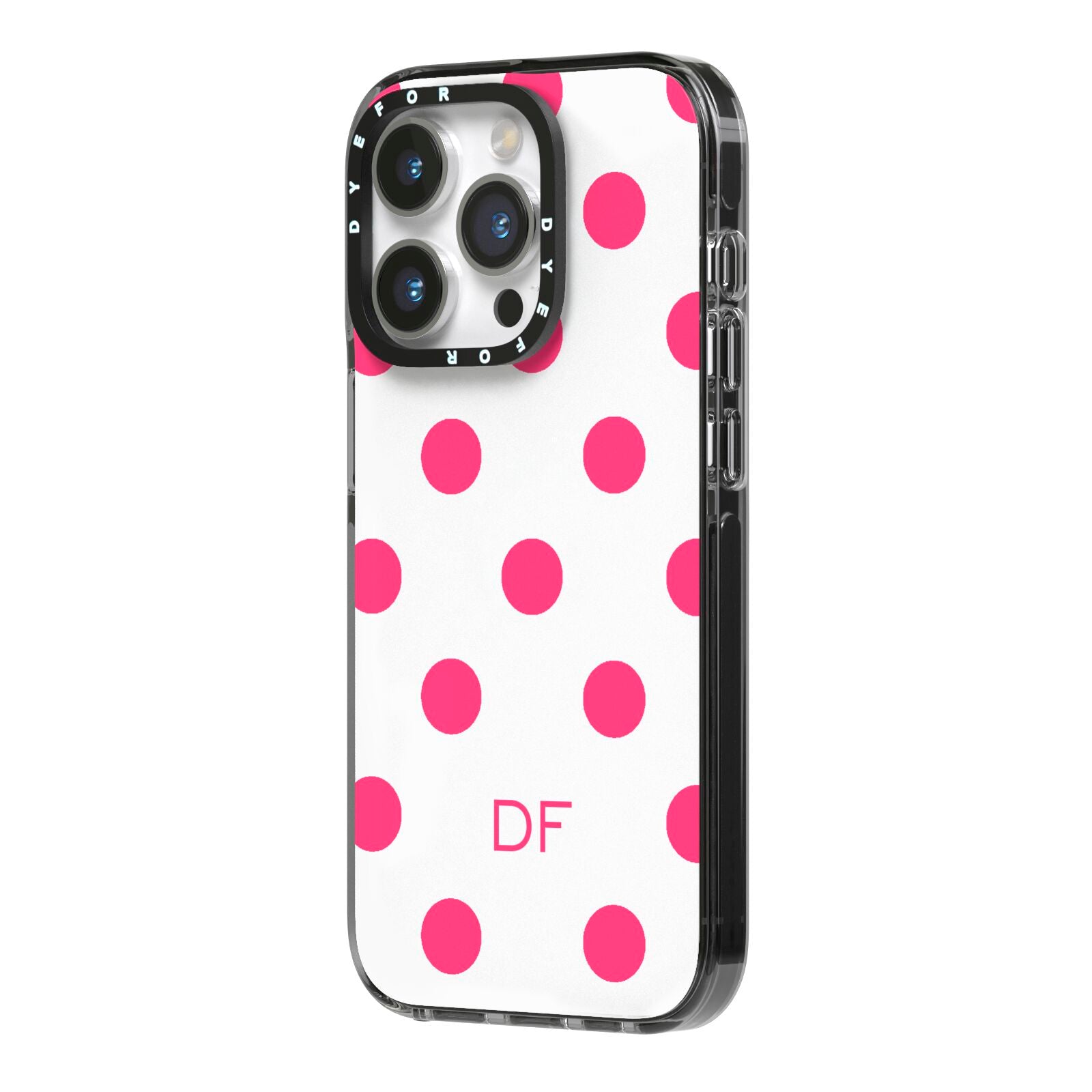 Initial Dots Personalised iPhone 14 Pro Black Impact Case Side Angle on Silver phone