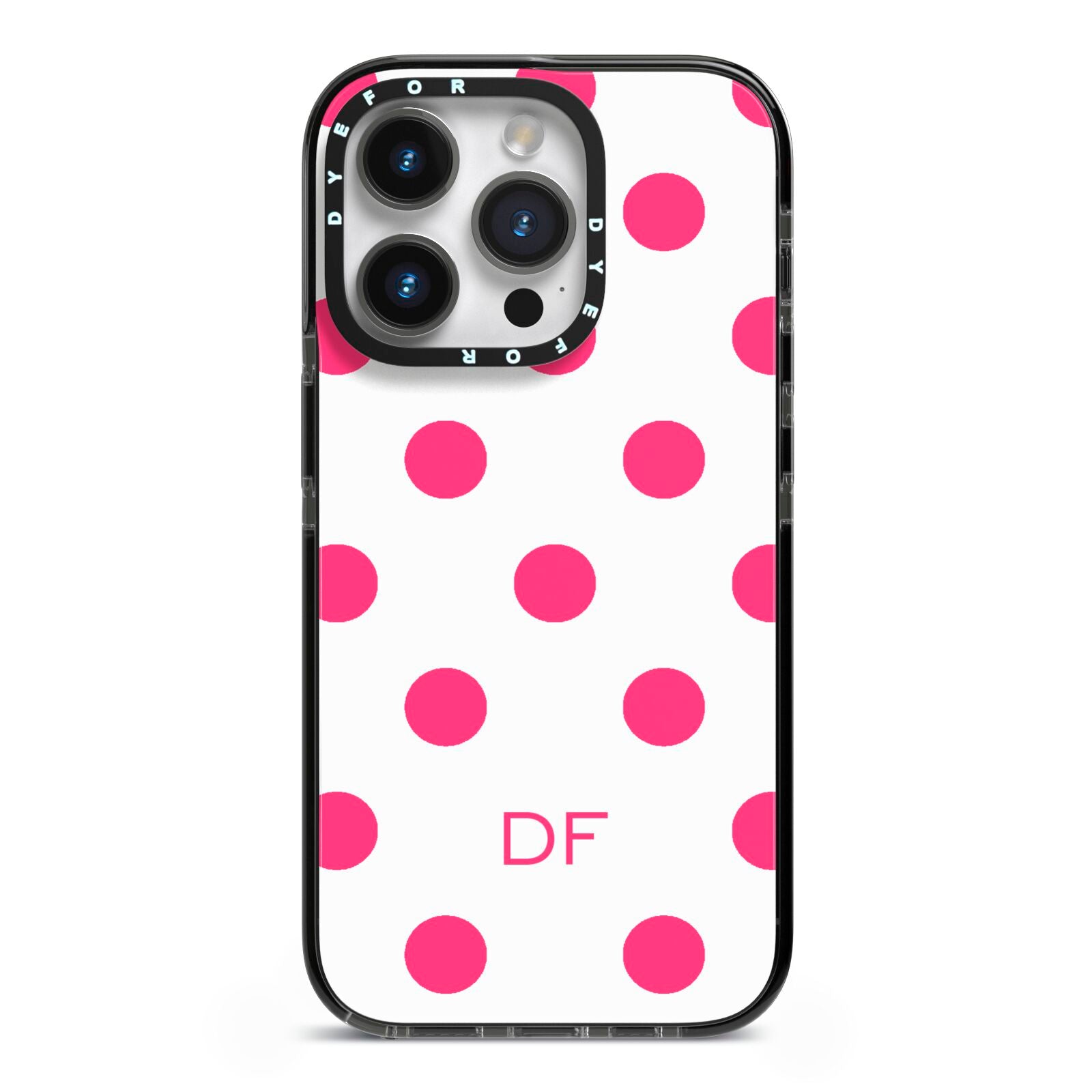 Initial Dots Personalised iPhone 14 Pro Black Impact Case on Silver phone