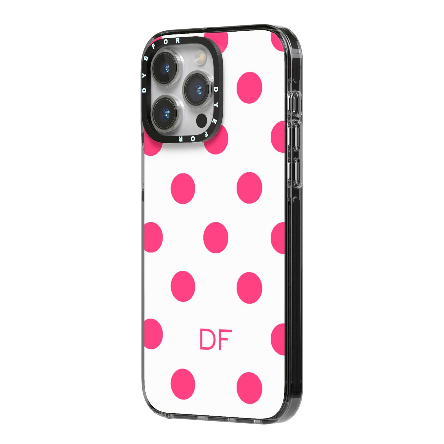 Initial Dots Personalised iPhone 14 Pro Max Black Impact Case Side Angle on Silver phone