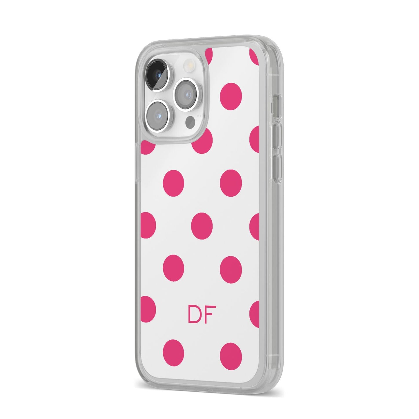 Initial Dots Personalised iPhone 14 Pro Max Clear Tough Case Silver Angled Image