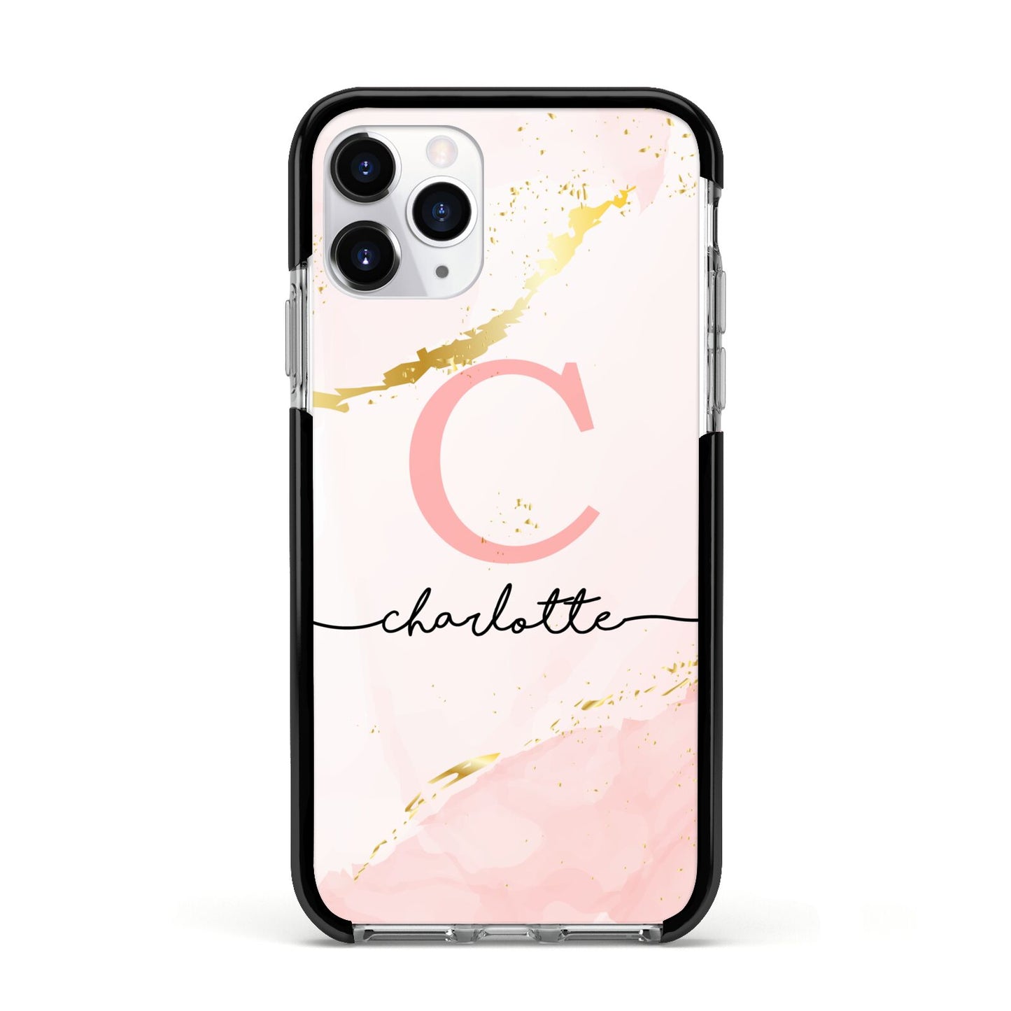 Initial Pink Gold Watercolour Custom Marble Apple iPhone 11 Pro in Silver with Black Impact Case